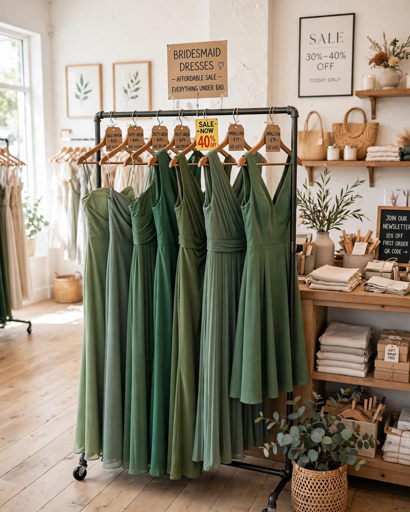 Affordable green bridesmaid dresses on a rack under 300 dollars