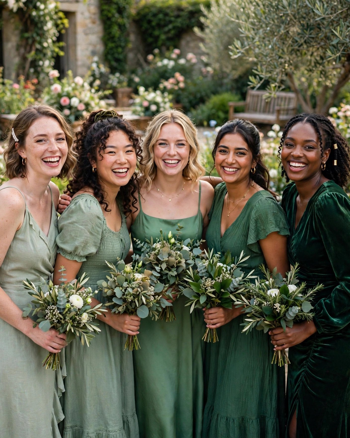 Bridesmaids in mismatched green dresses arranged beautifully for a group photo