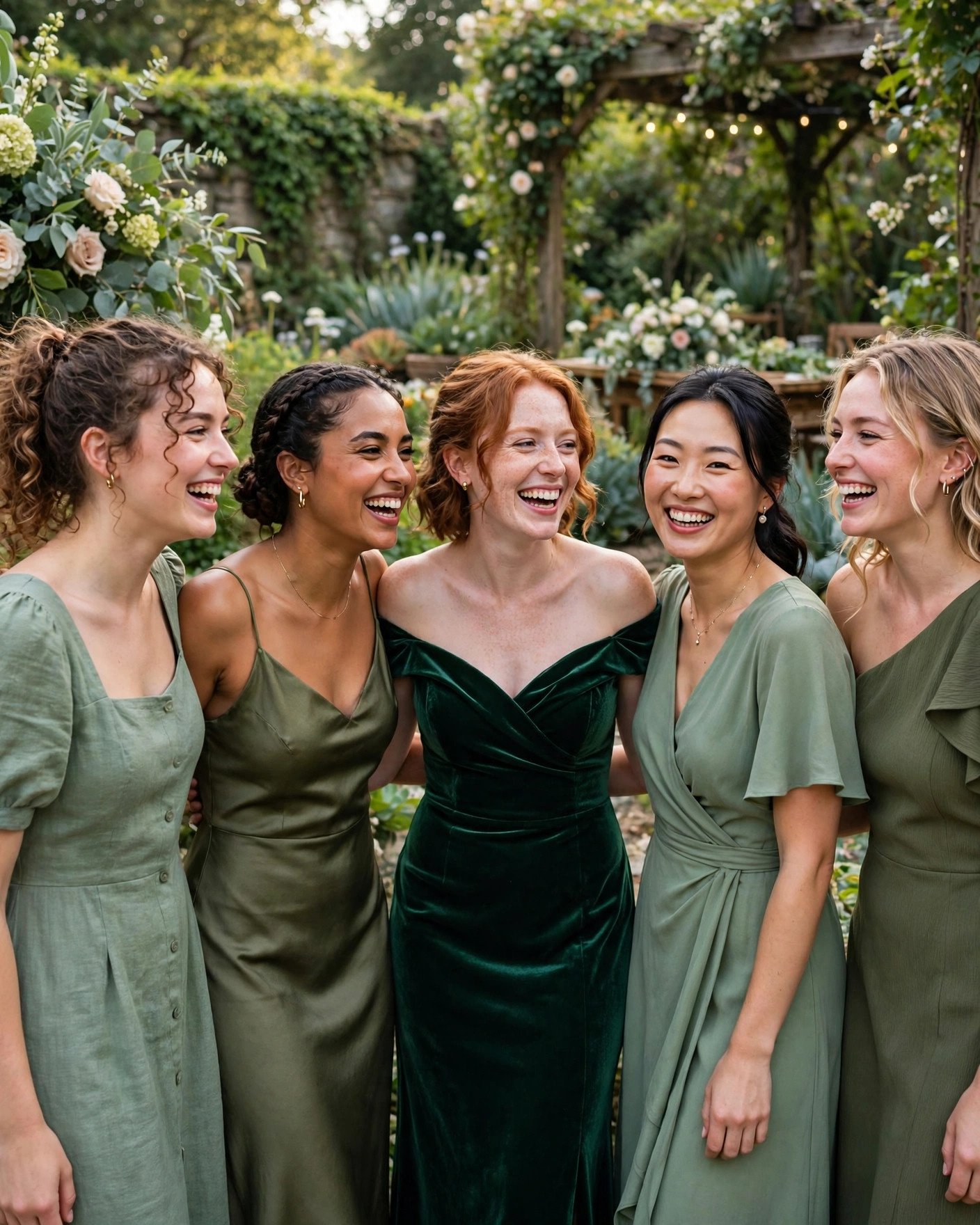 Bridesmaids in mismatched green dresses in sage olive and emerald shades