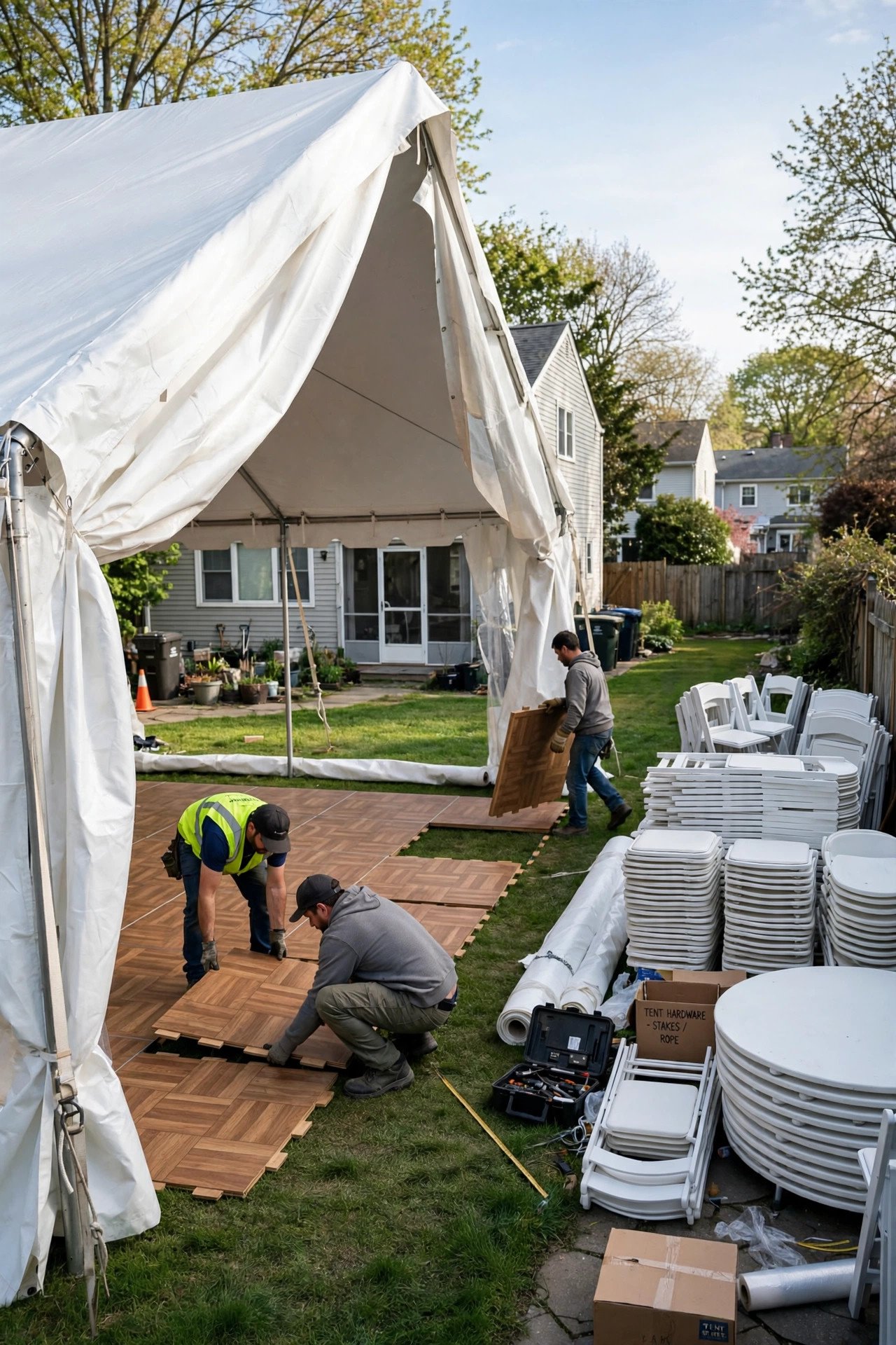 Large rental wedding tent being set up in a suburban backyard with tables and chairs