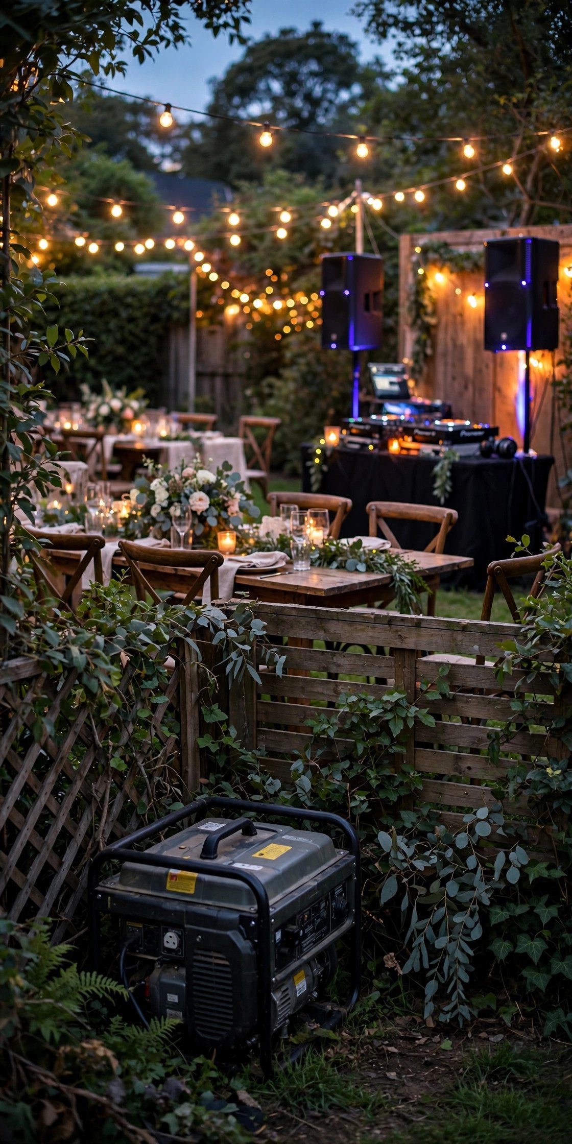 Portable power generator beside a glowing backyard wedding reception with DJ booth and string lights at dusk