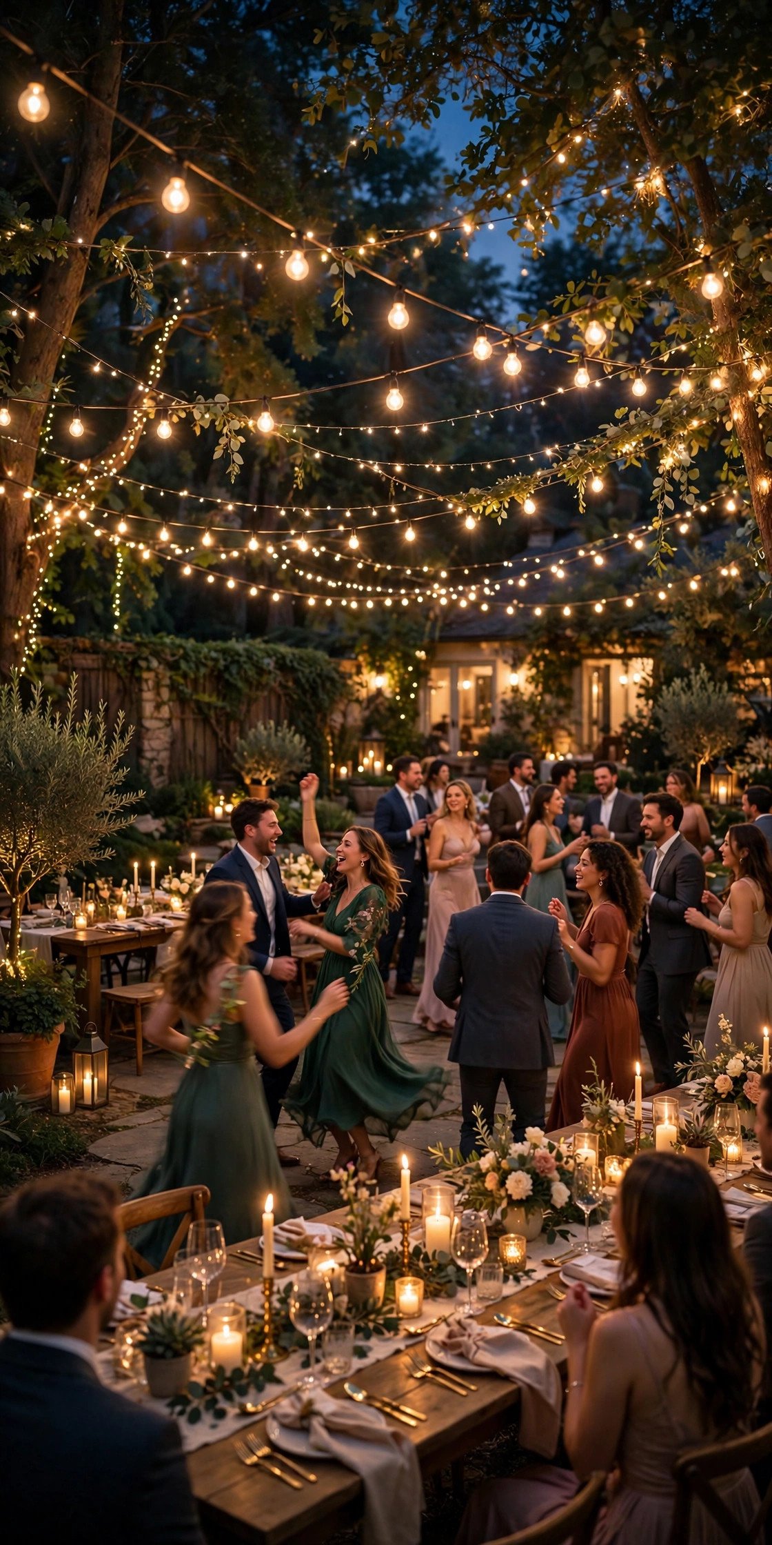 Magical backyard wedding reception at night with glowing string lights over candlelit tables