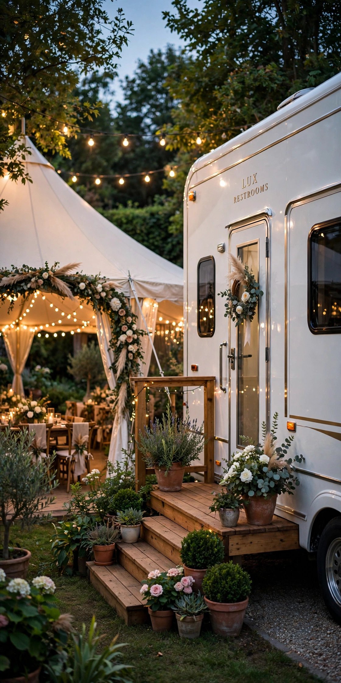Elegant white luxury restroom trailer with flower pots beside a backyard wedding tent