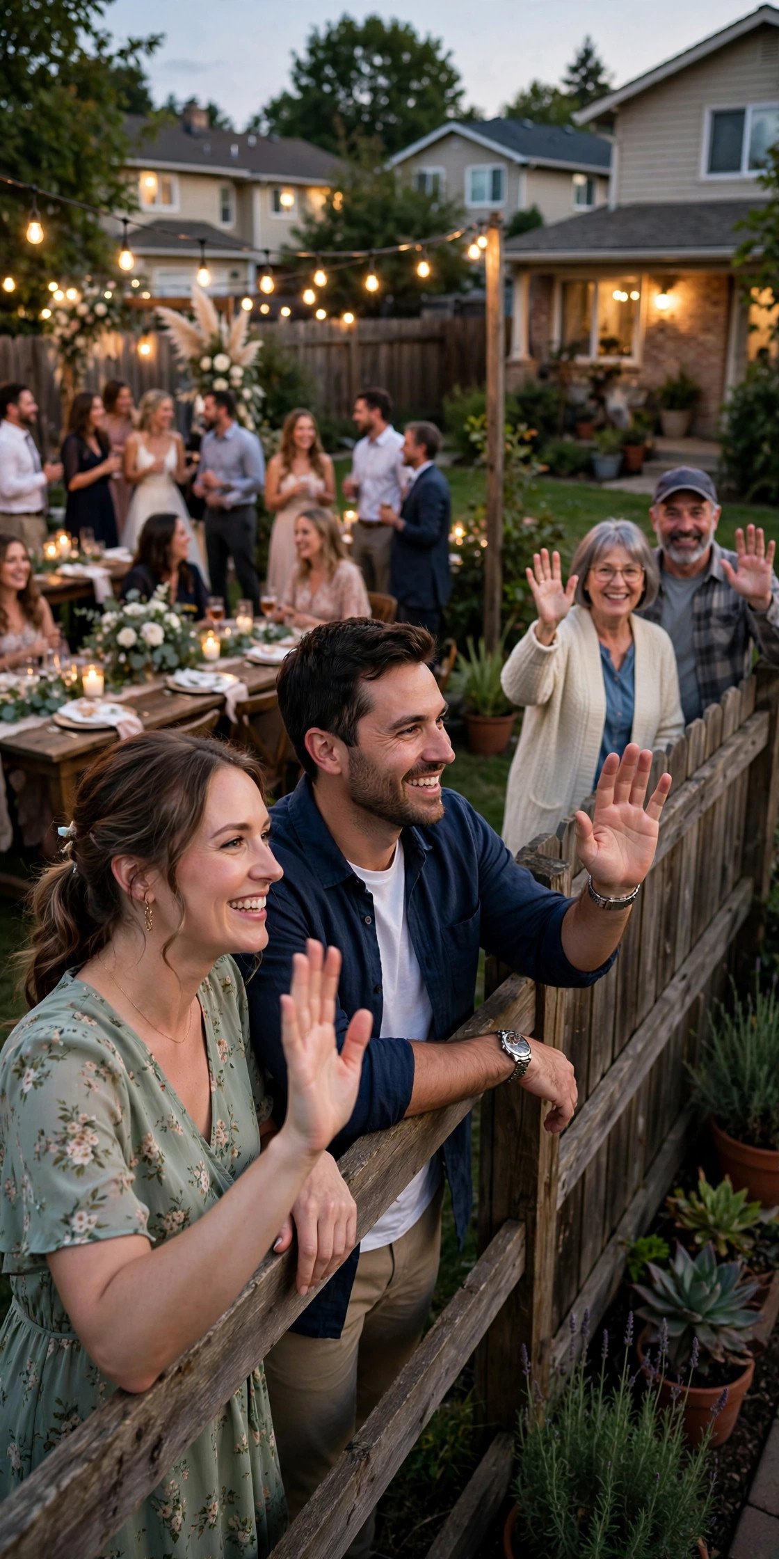 Backyard wedding party at dusk with string lights and neighboring houses visible beyond the fence