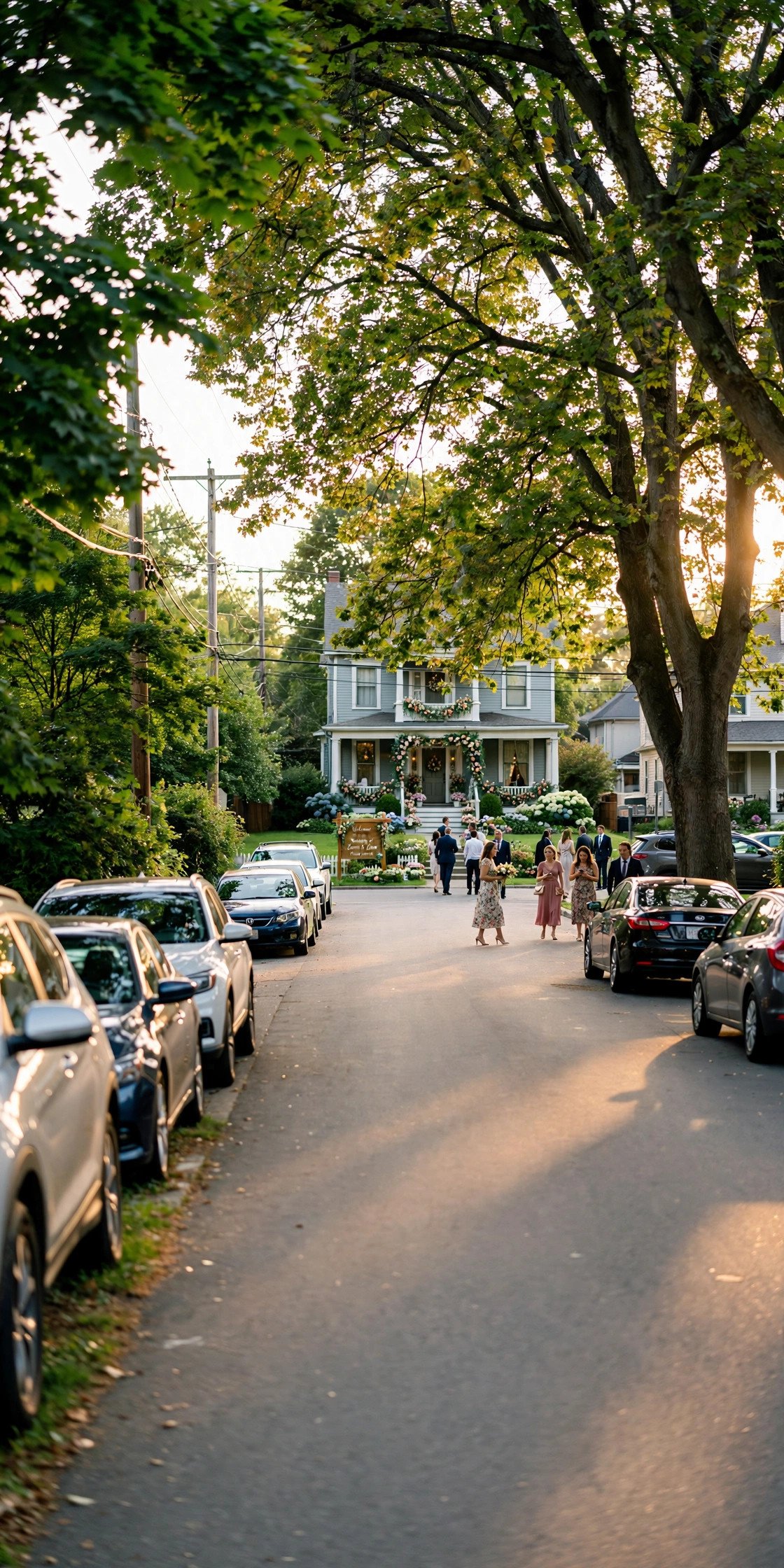 Cars parked neatly along a residential street as wedding guests arrive at a decorated house