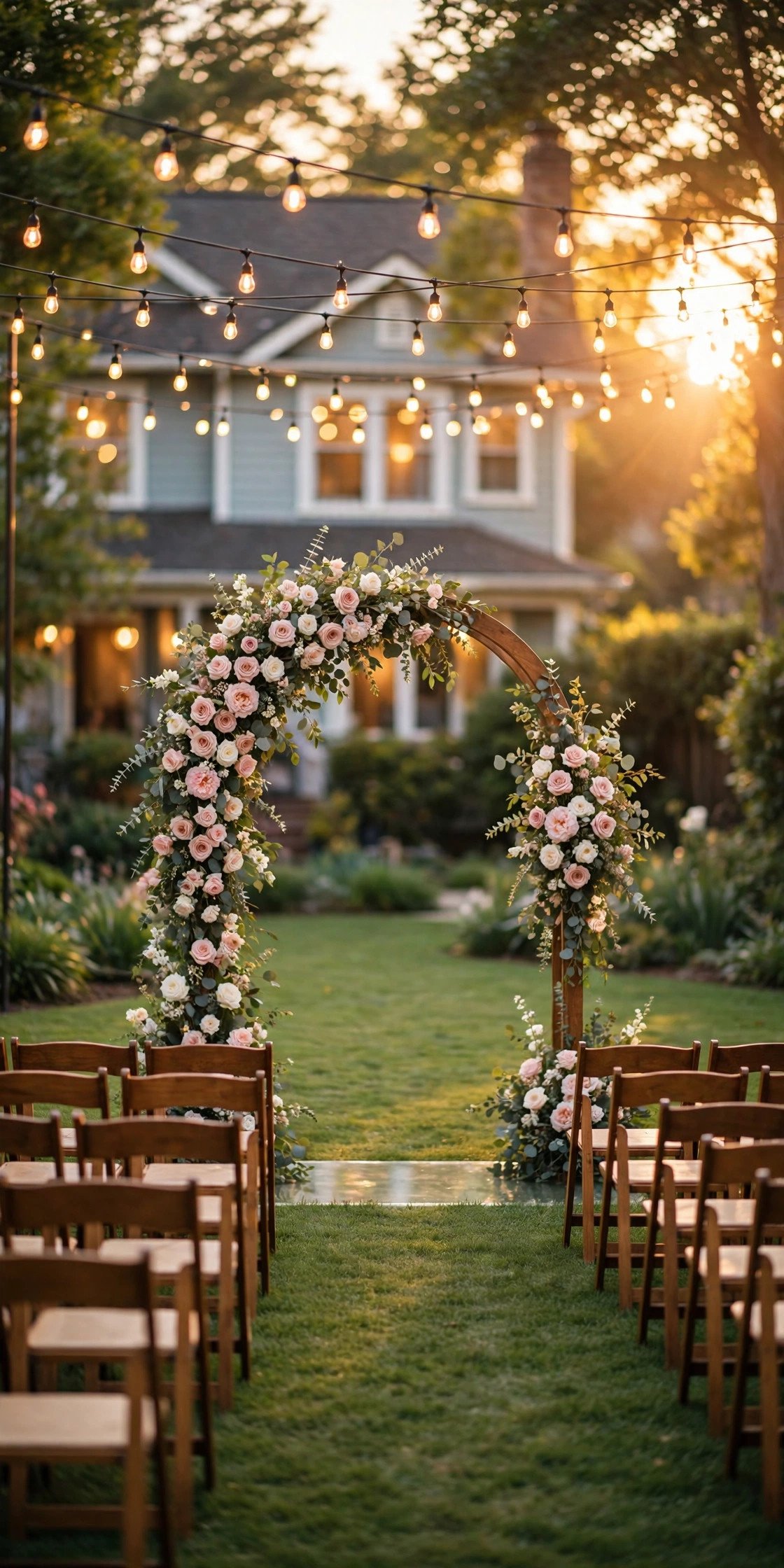 Beautiful backyard wedding ceremony at golden hour with floral arch, wooden chairs and string lights