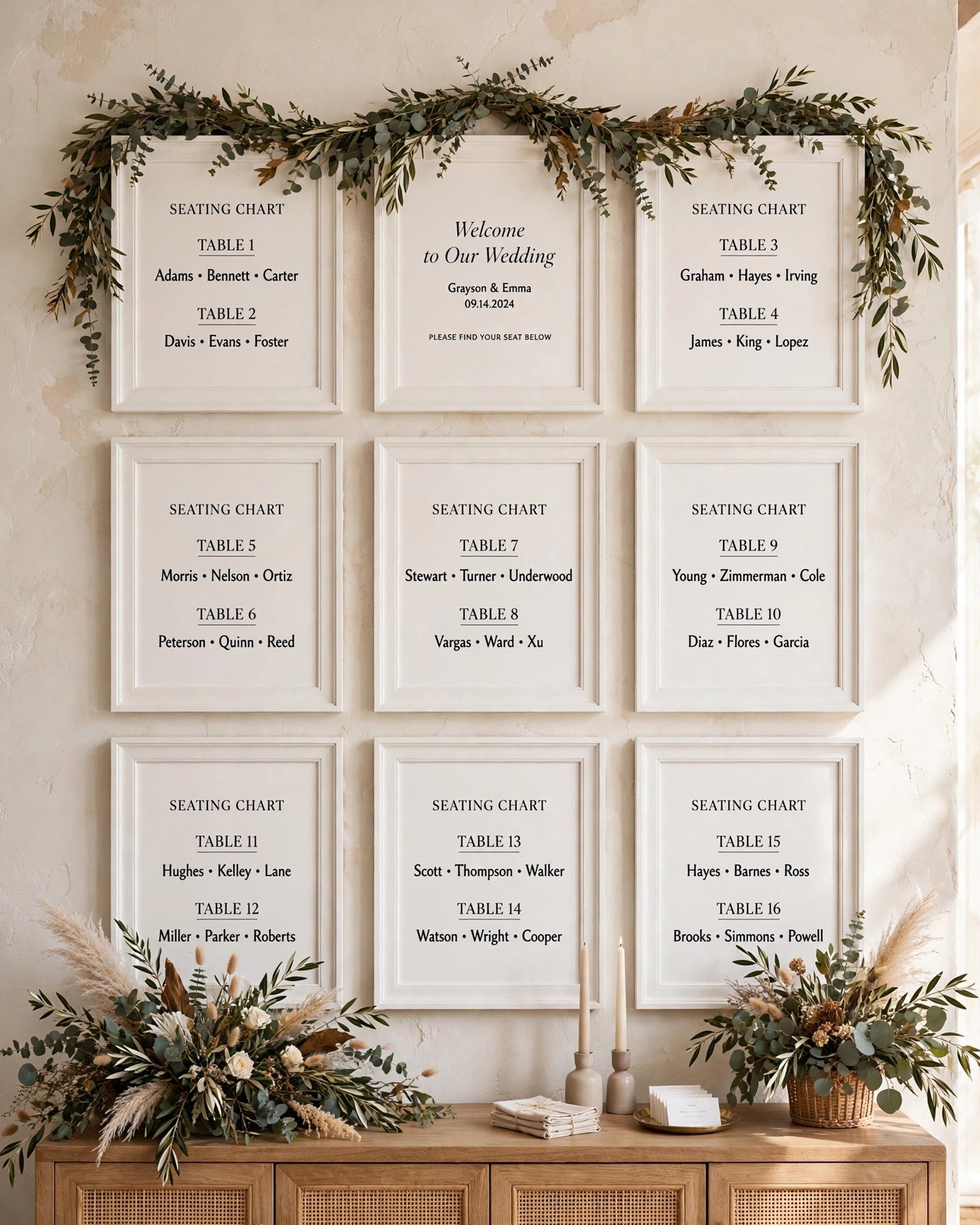Gallery wall of framed table assignments as a wedding seating chart