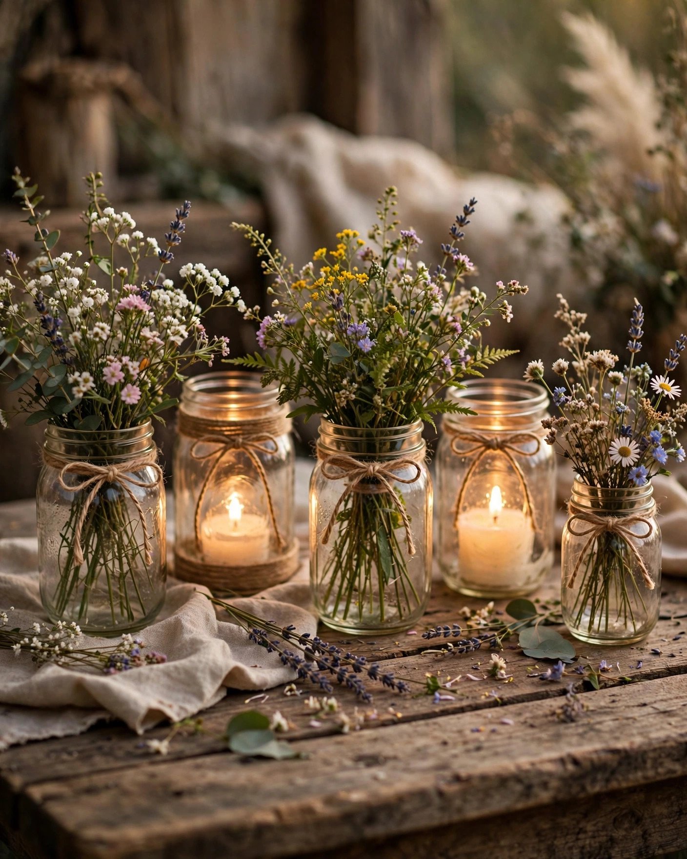 Mason jars as wedding vases lanterns and candle holders with twine