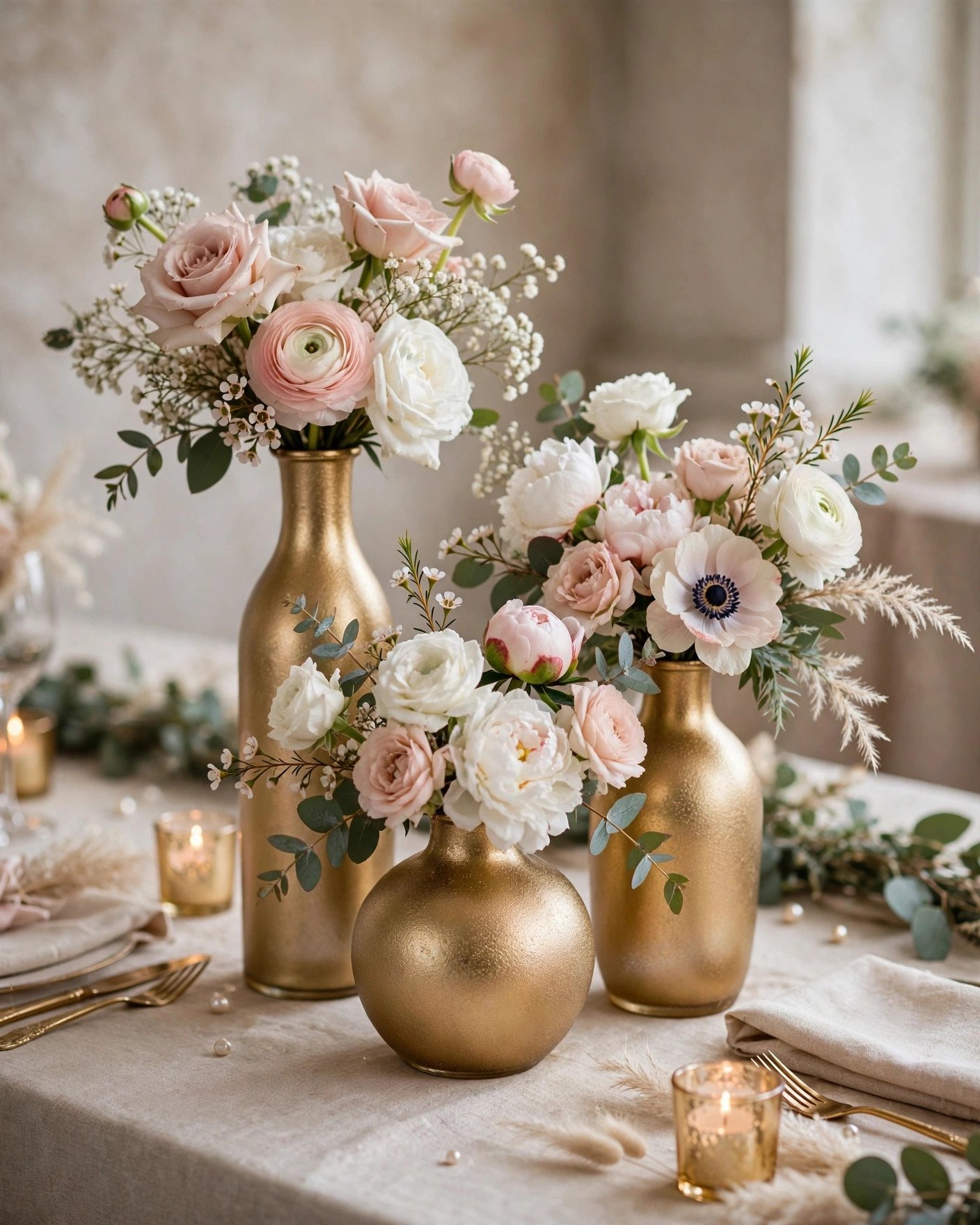 Gold spray-painted vases with flowers as wedding table decor