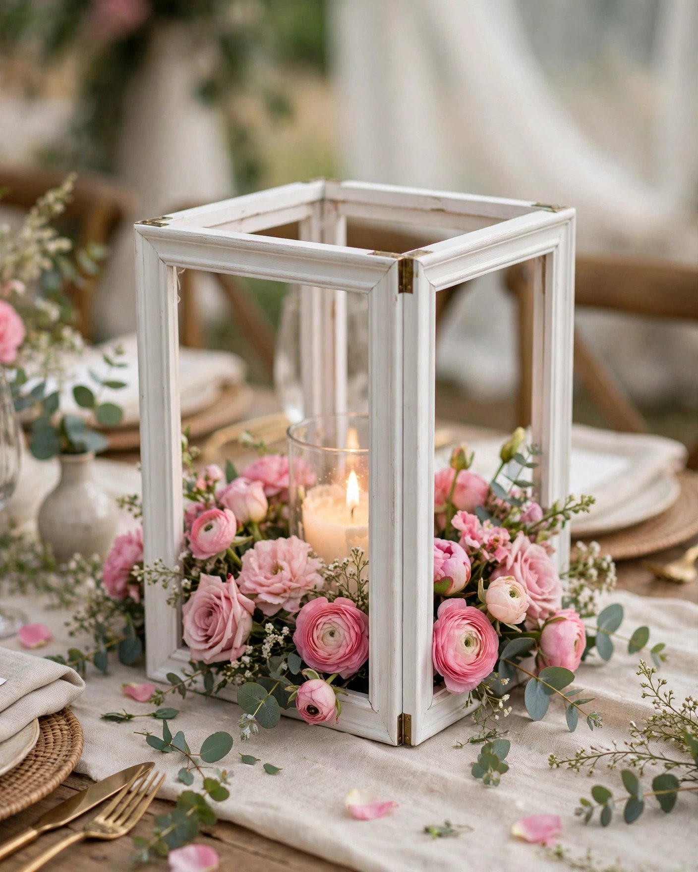 DIY lantern centerpiece made from dollar store picture frames with flowers inside