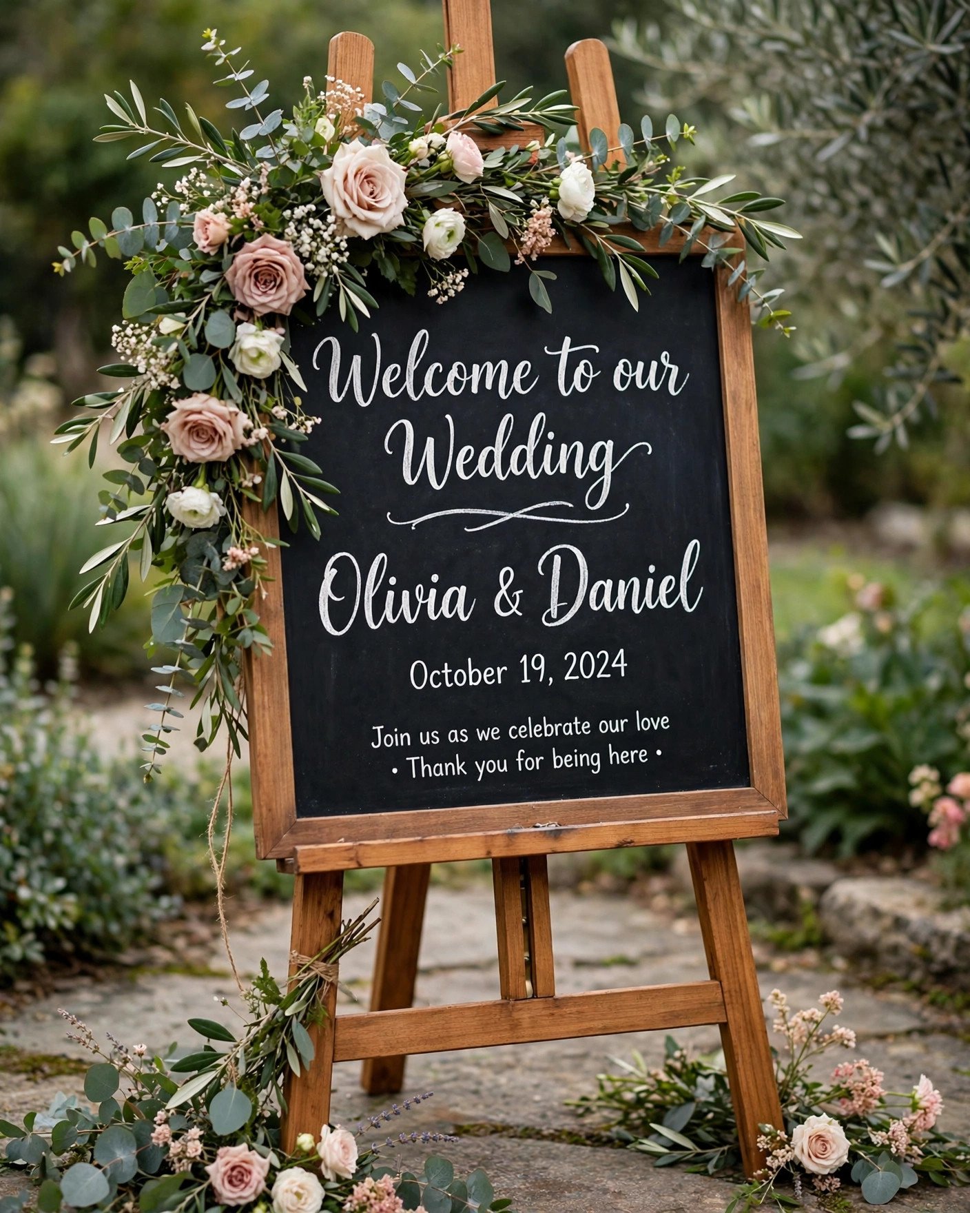 DIY chalkboard wedding welcome sign with hand lettering and flowers