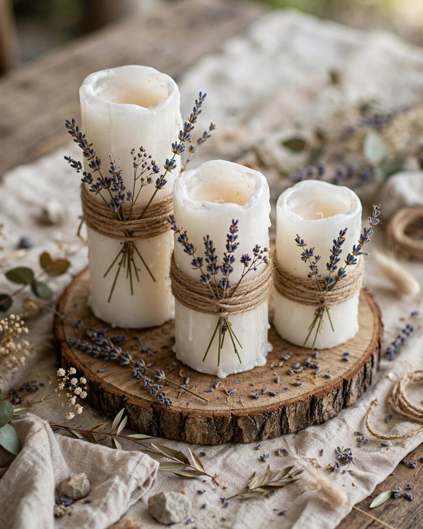 Rustic wedding candles wrapped in twine with dried flowers