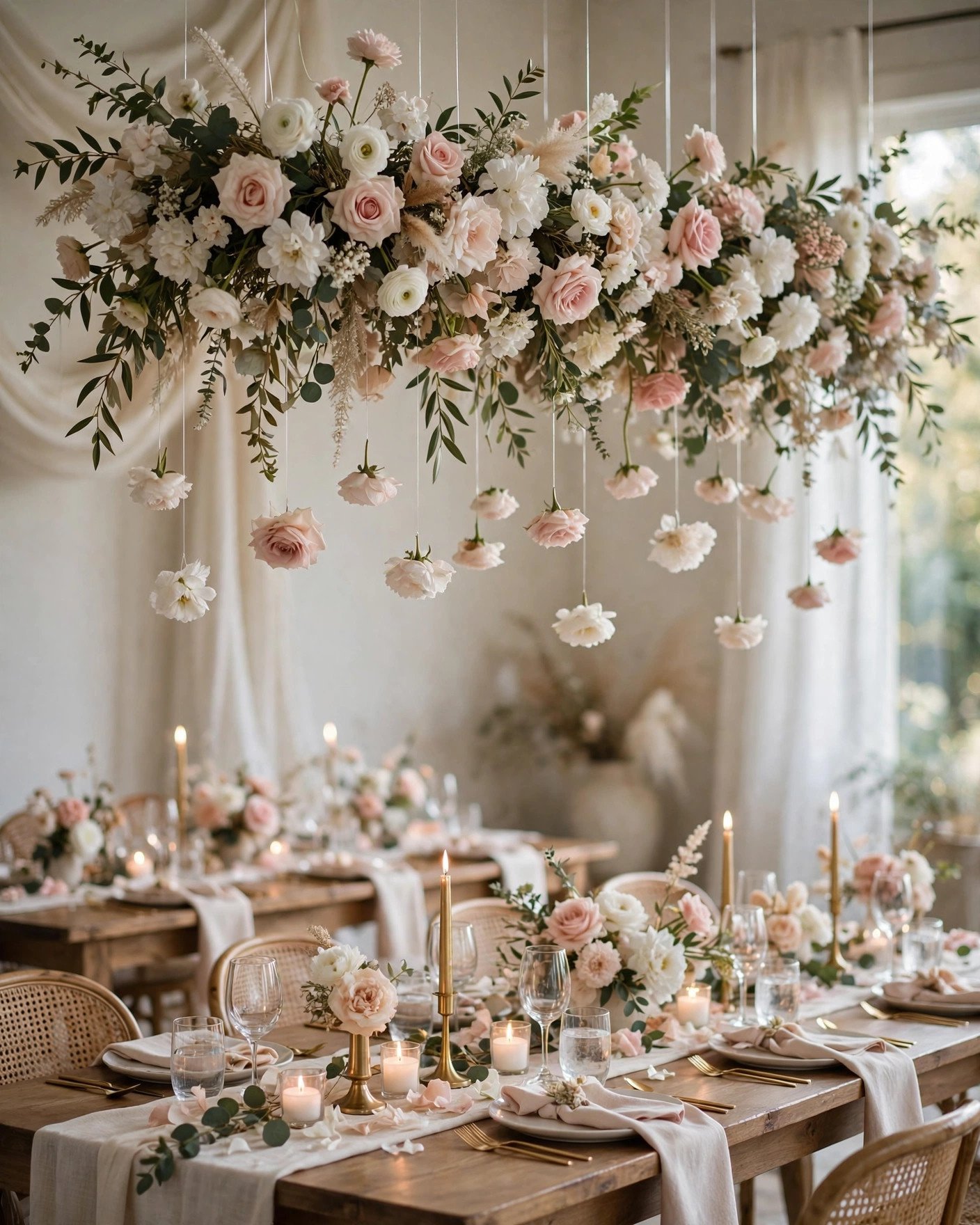 Hanging floral canopy with white faux flowers suspended over wedding tables