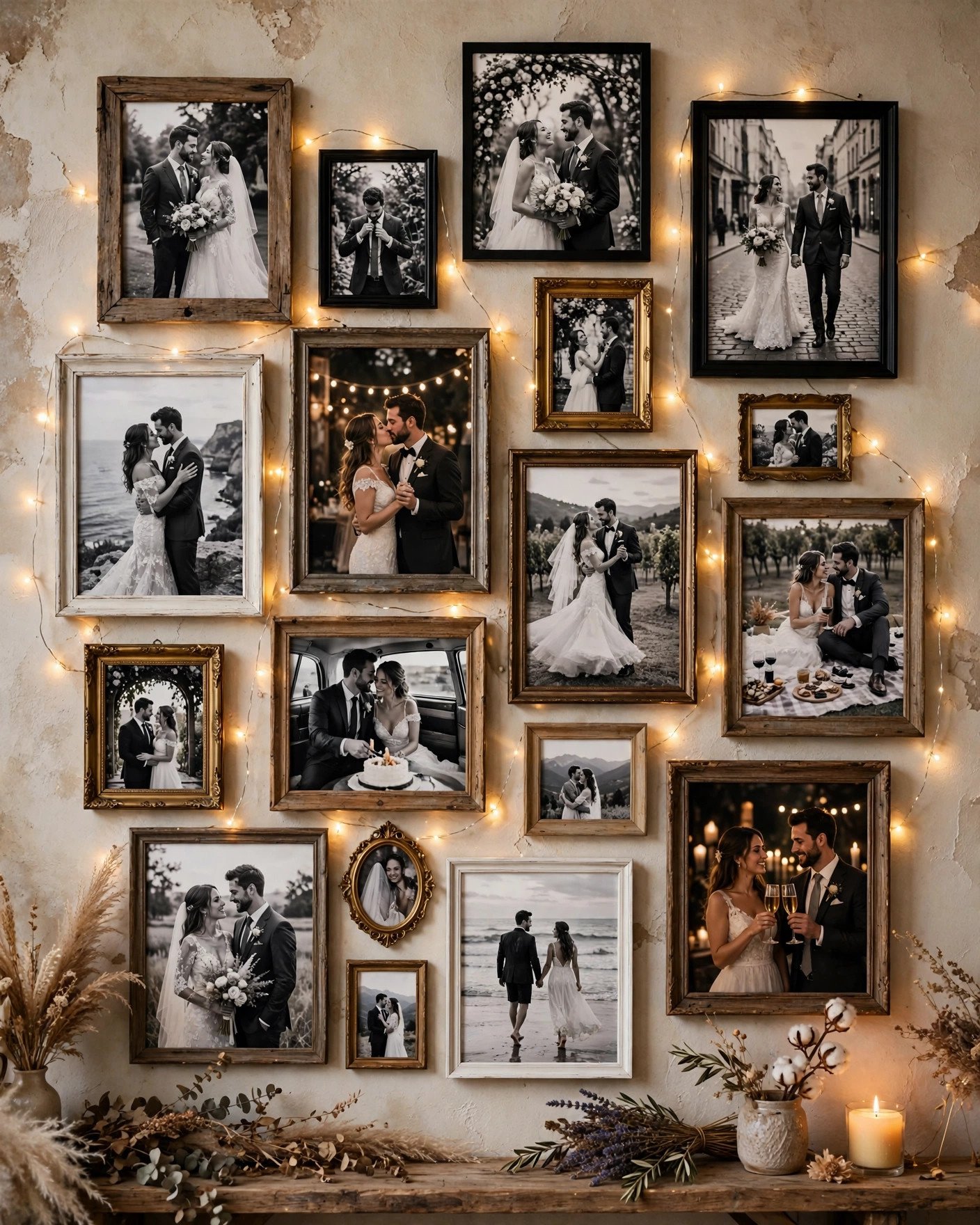 Wedding photo display wall with framed couple photos and fairy lights