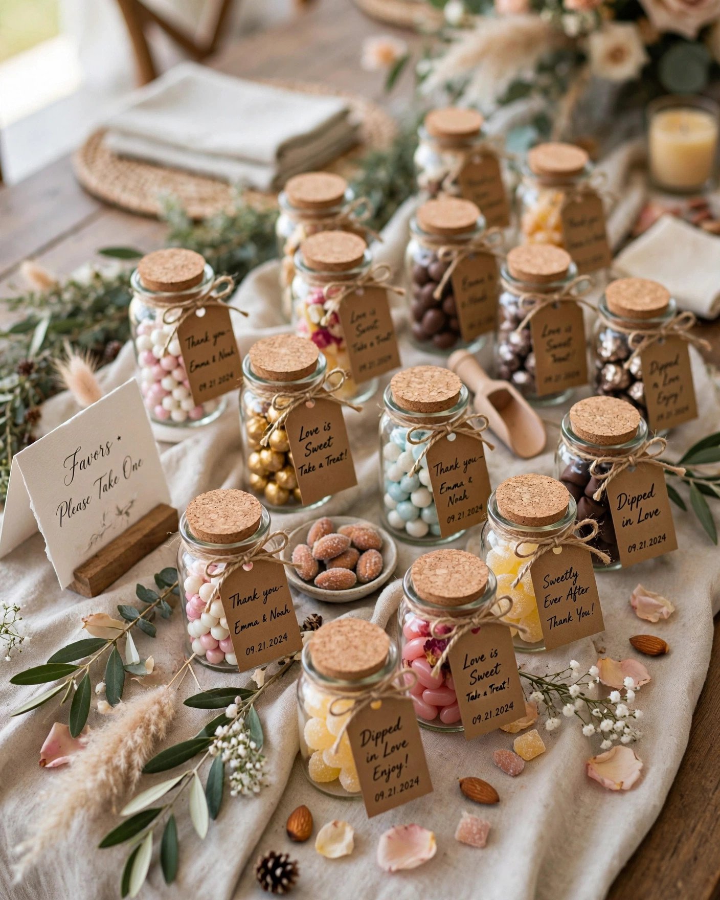 Wedding favor table with small jars treats and personalized tags