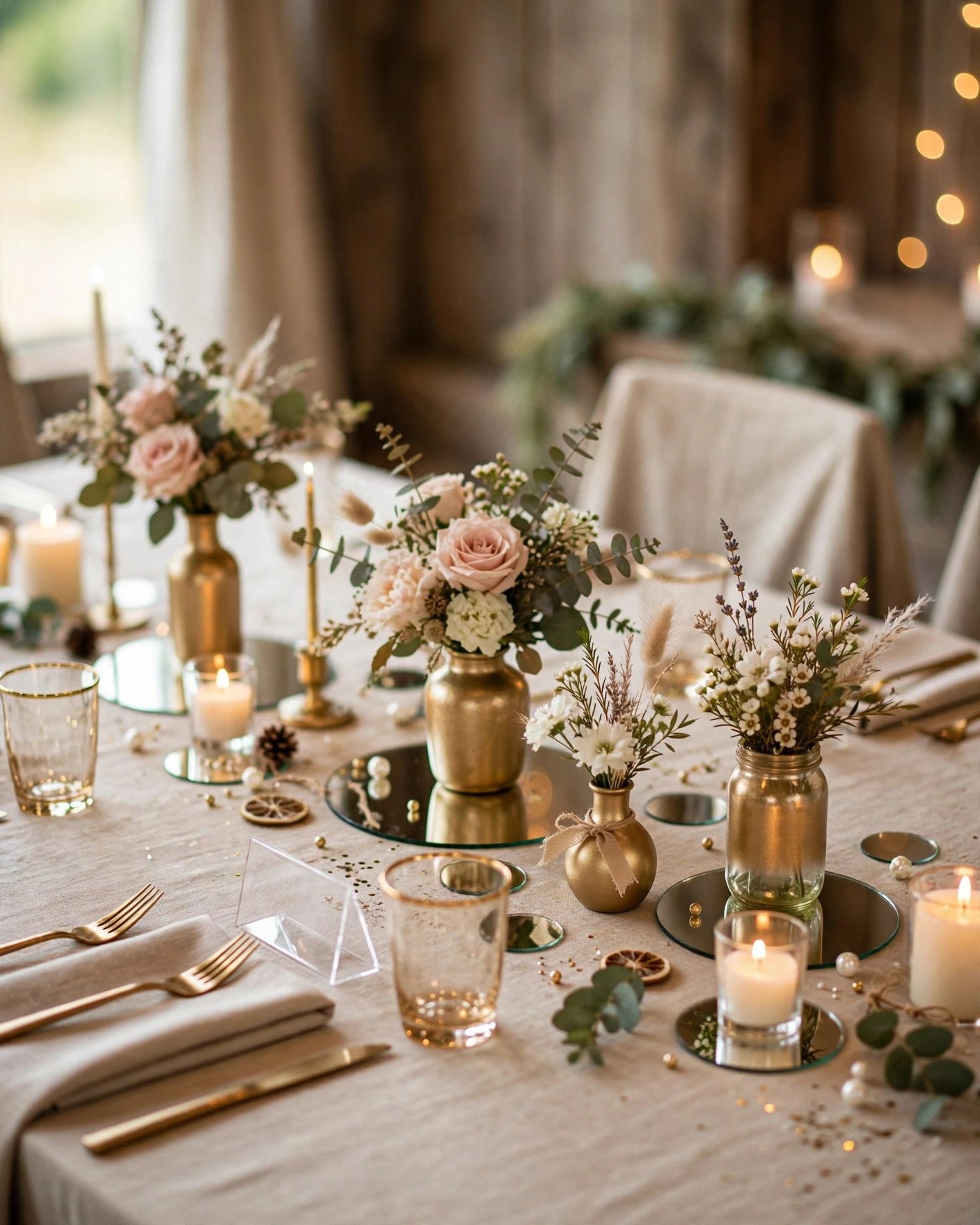 Elegant wedding table decorated with dollar store DIY centerpieces mirrors and candles