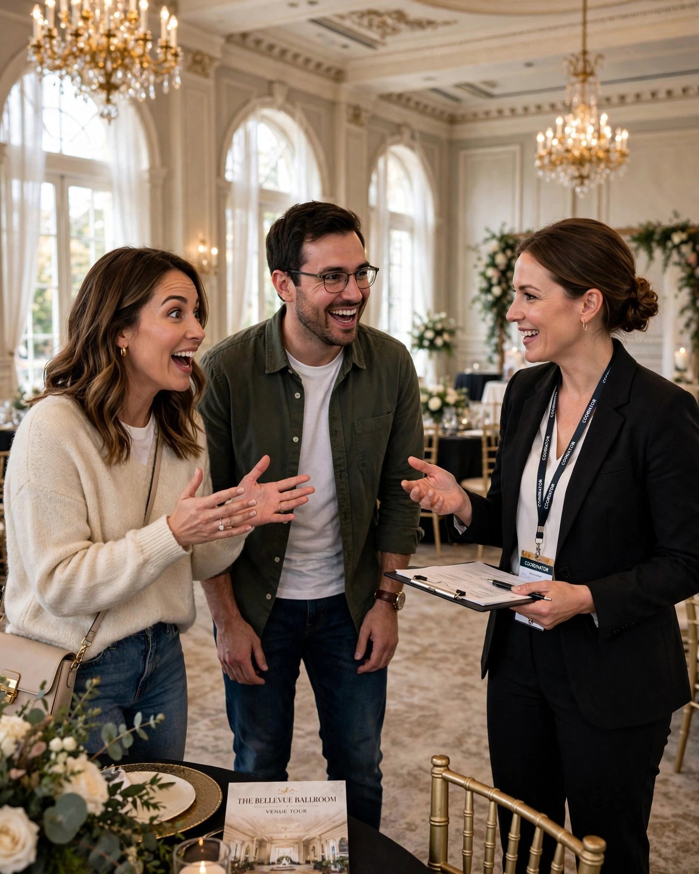Couple touring a wedding venue a year before the wedding