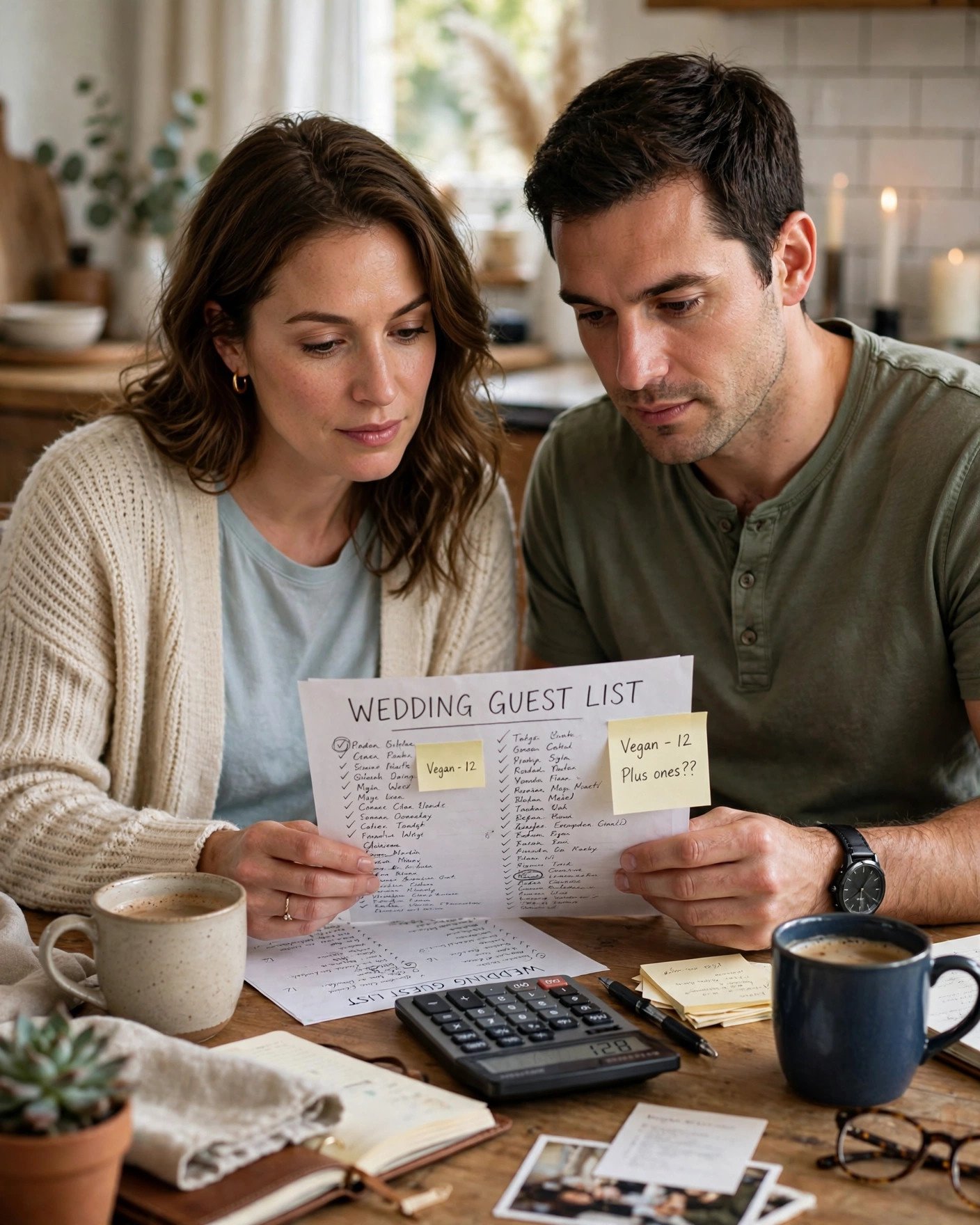Couple reviewing wedding guest list with a calculator