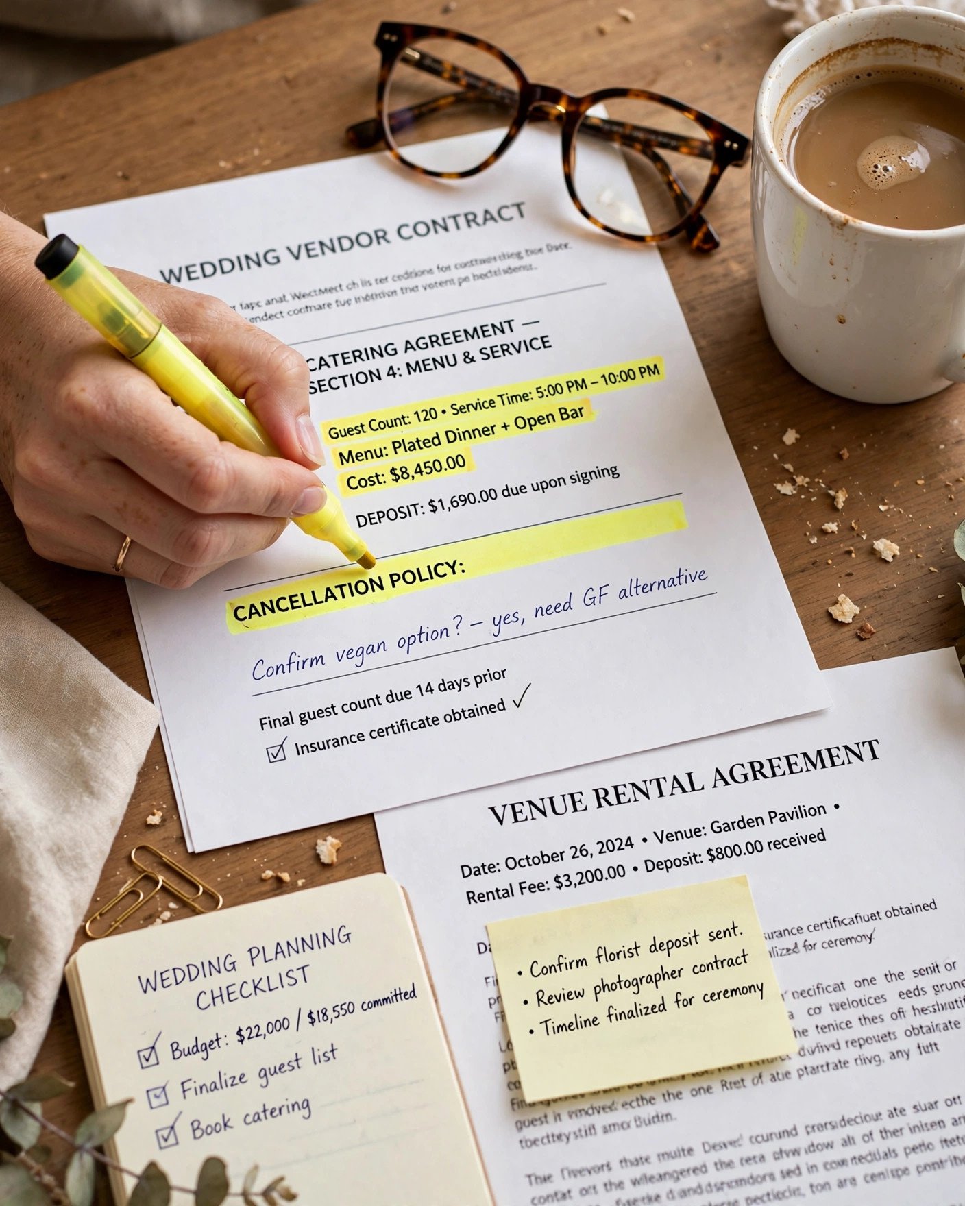 Reviewing wedding vendor contracts with a highlighter during an audit