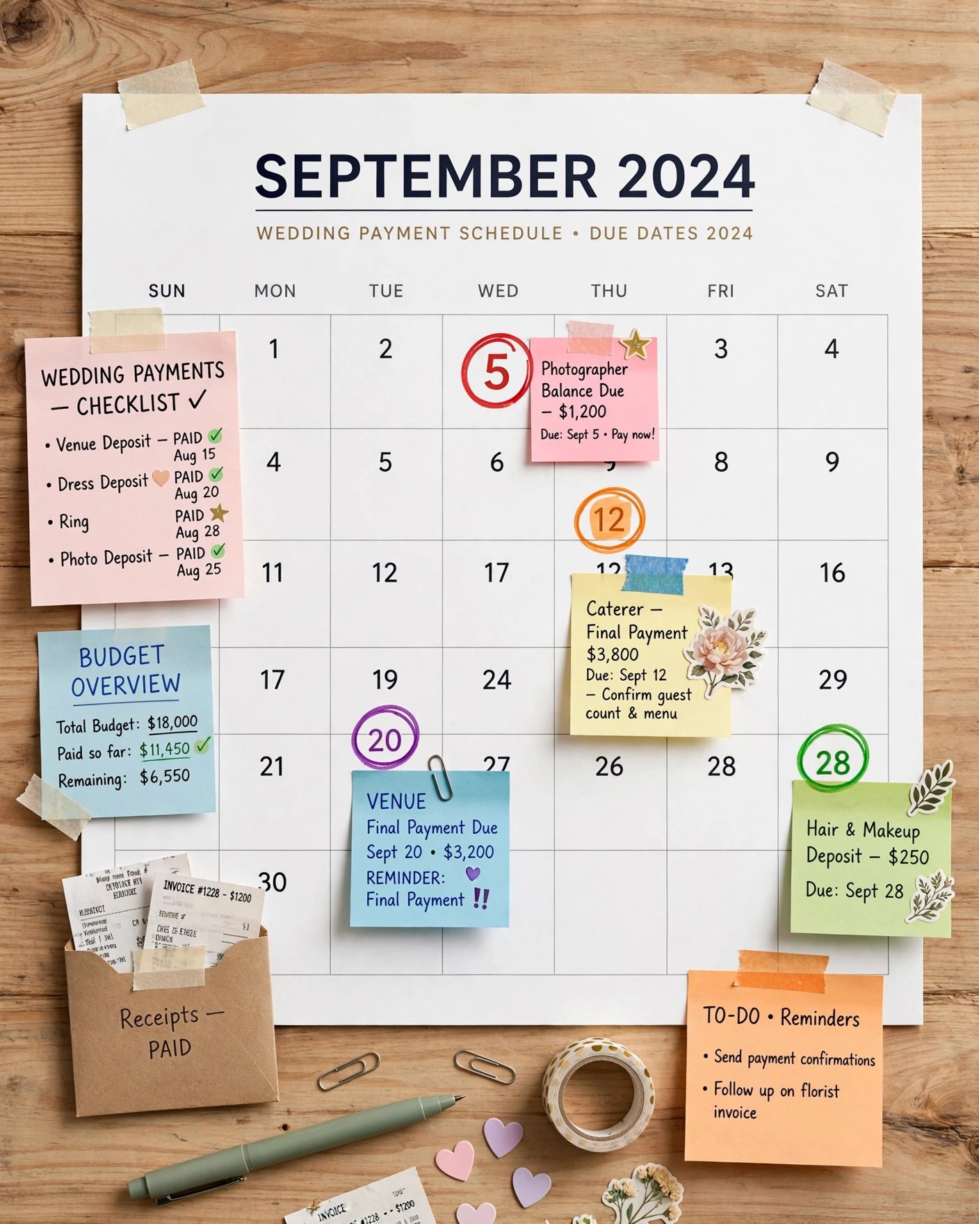 Wedding payment calendar with deposit due dates marked