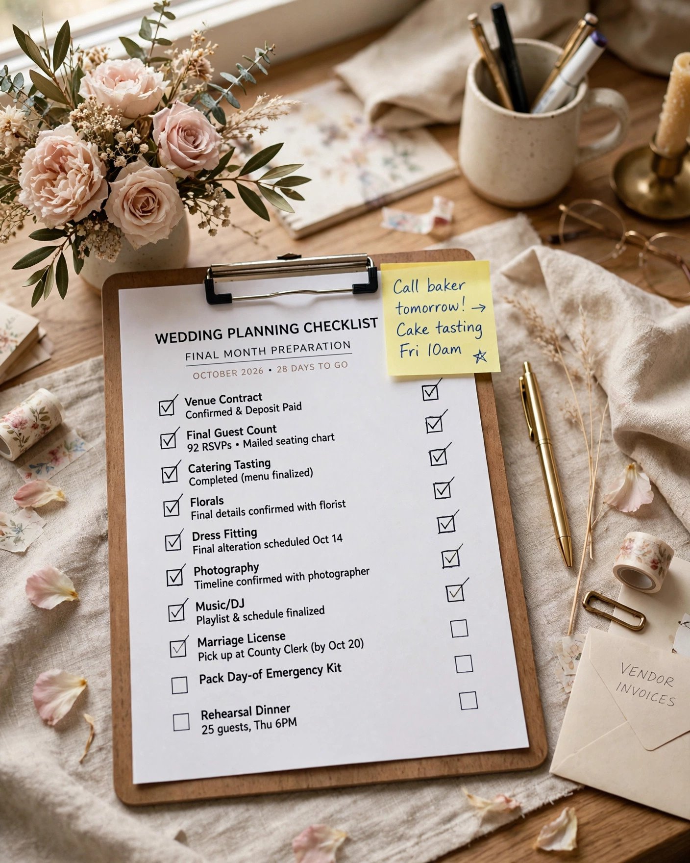 Wedding planning checklist with spending freeze note in final month