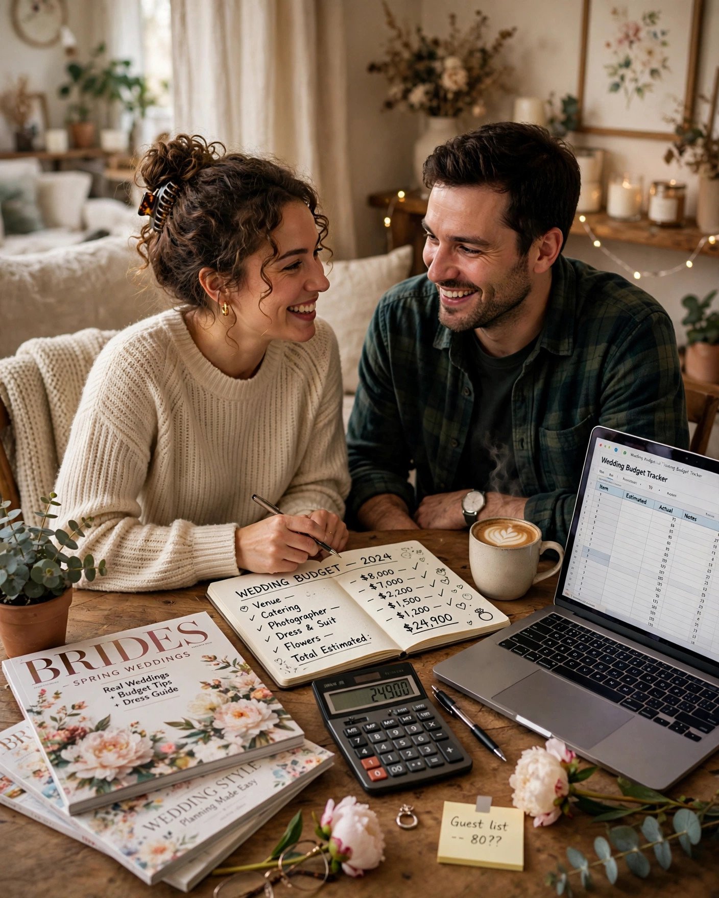 Couple planning wedding budget with calculator notebook and laptop