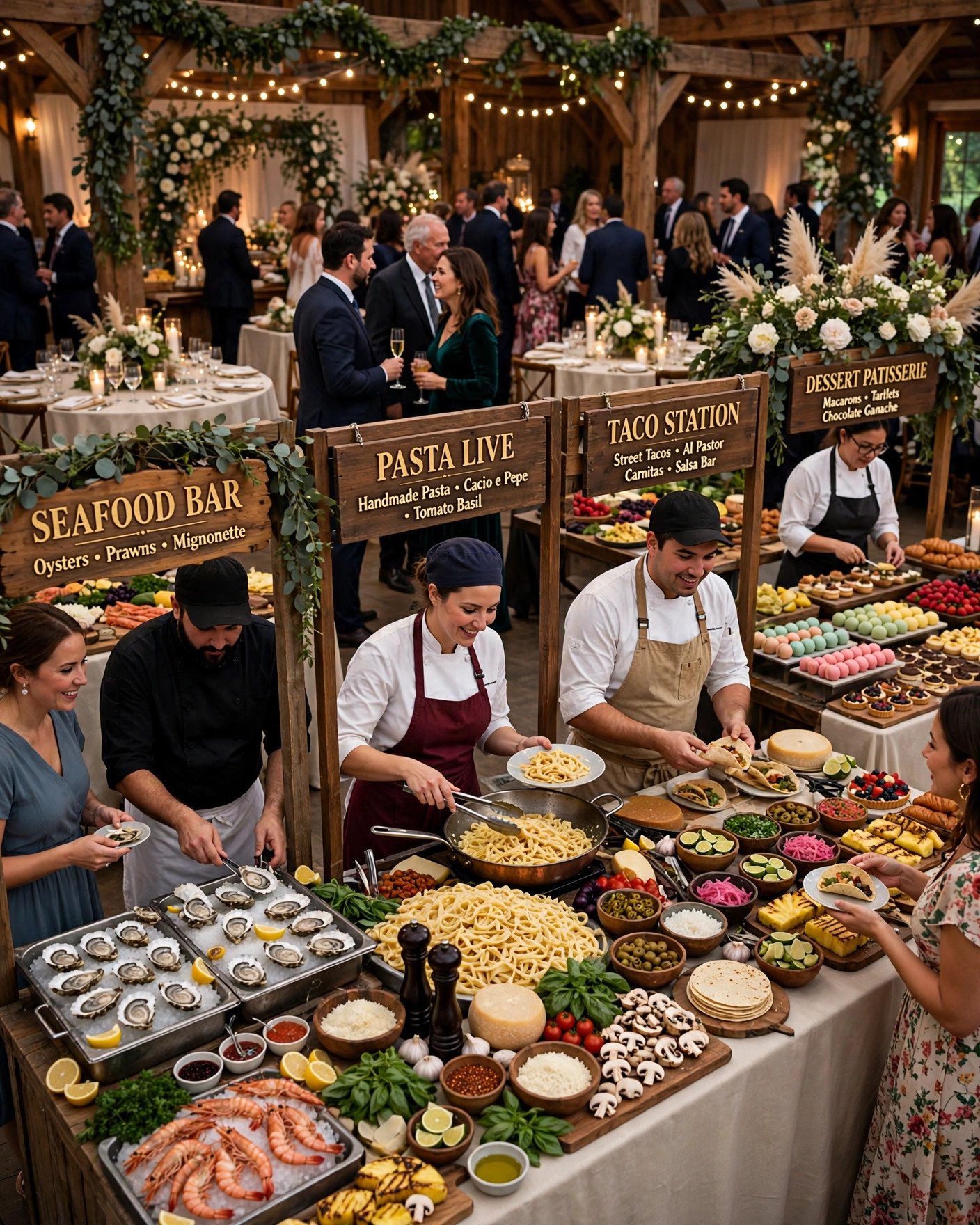 Multiple wedding food stations serving a large reception crowd