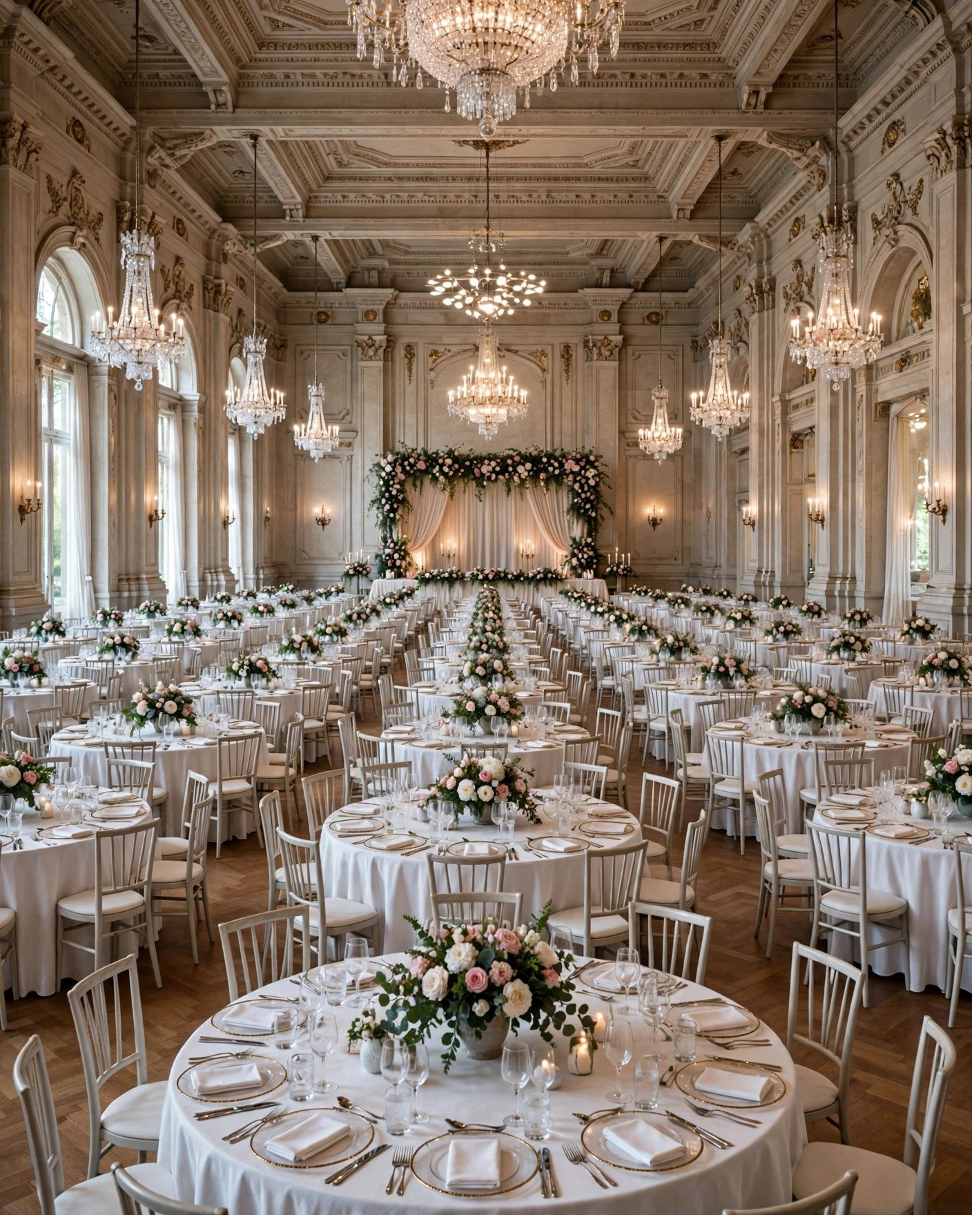 Hundred round tables set for a 1000-guest wedding reception dinner