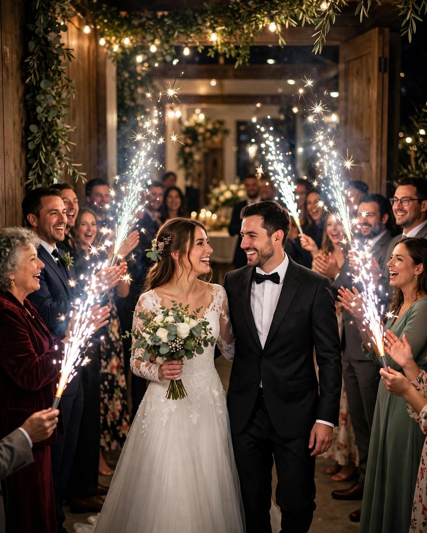 Couple entering wedding reception through cold sparklers with guests cheering