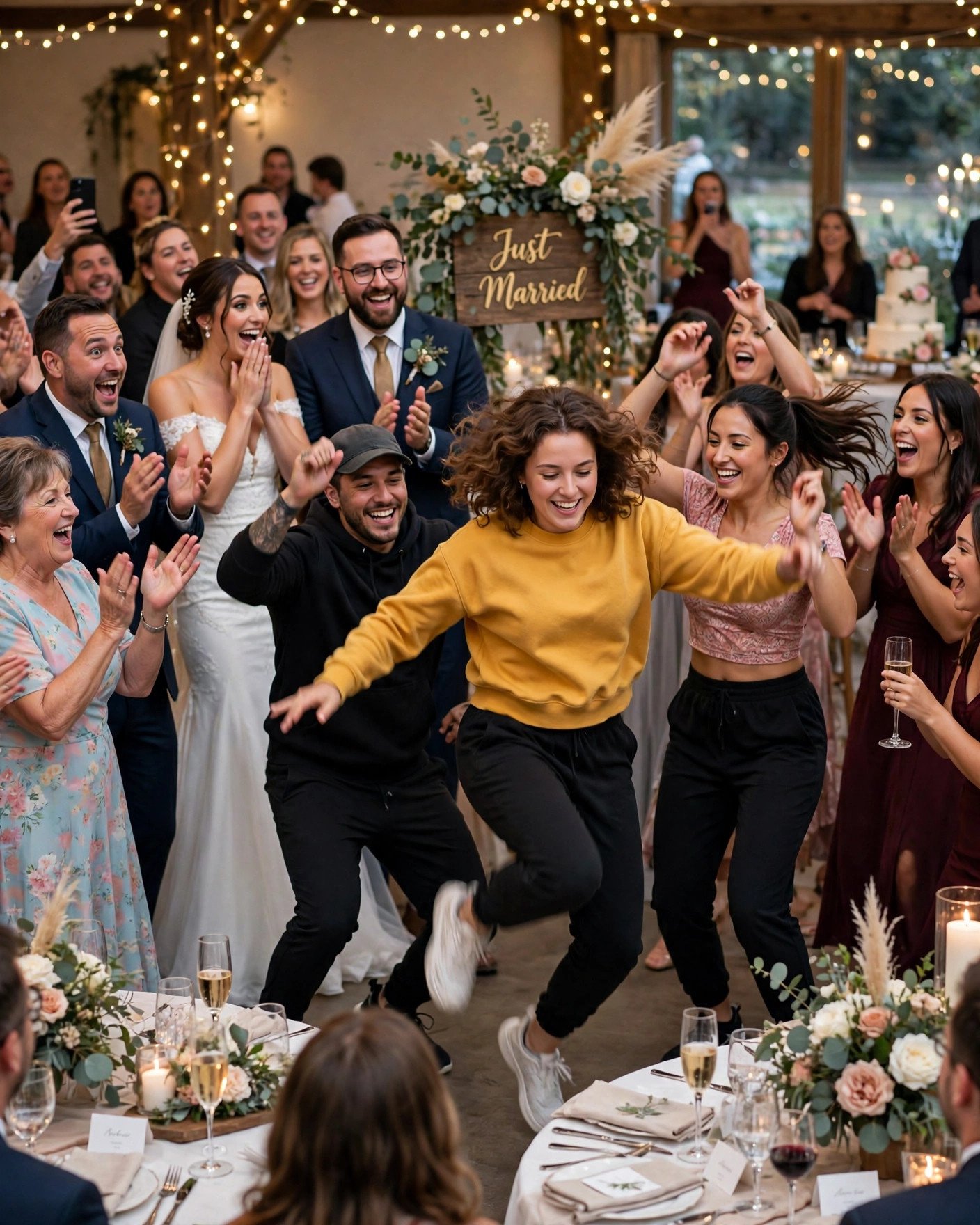 Surprise flash mob dance breaking out at a wedding reception