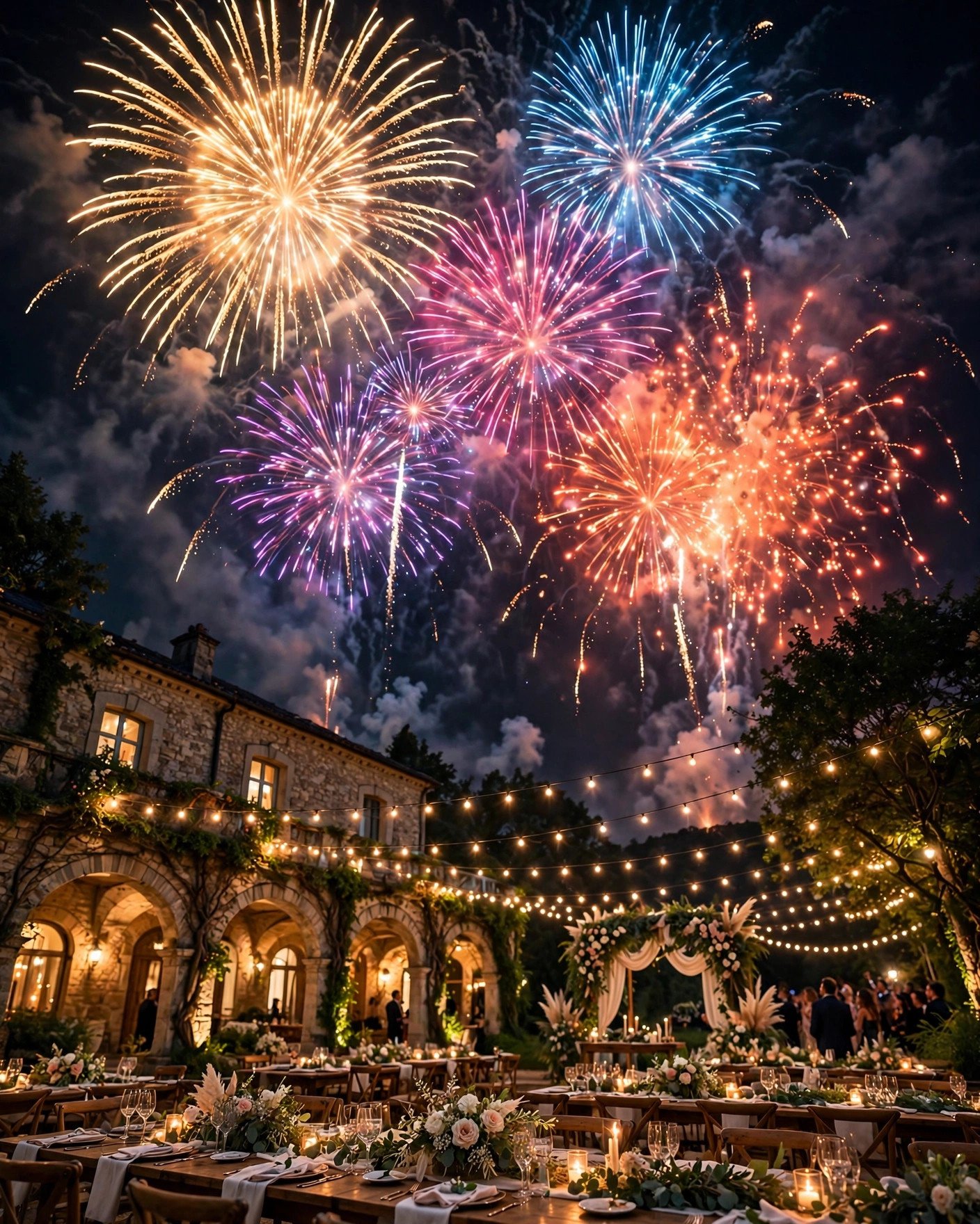 Spectacular fireworks finale over a wedding venue at night