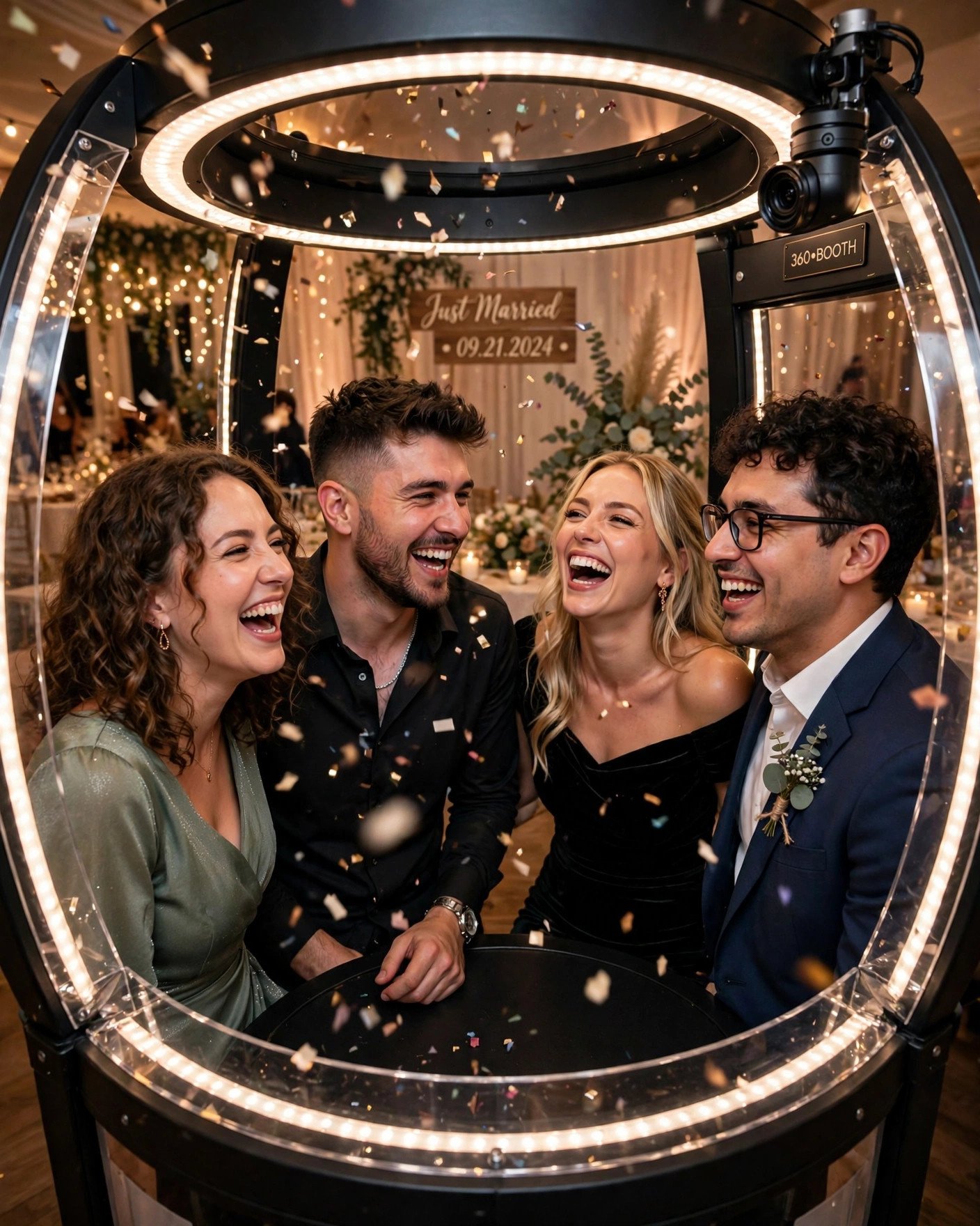 Guests enjoying a 360-degree video booth at a wedding reception