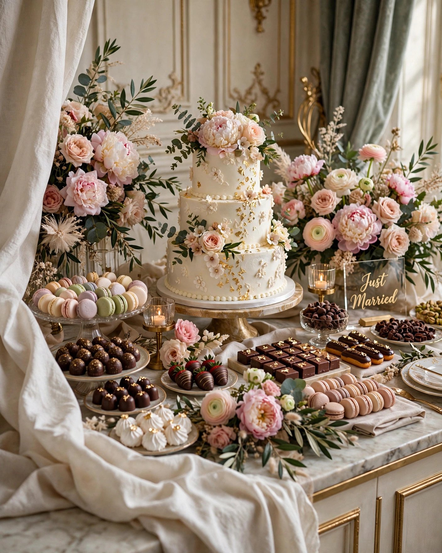 Lavish wedding dessert bar unveiled with cakes macarons and treats