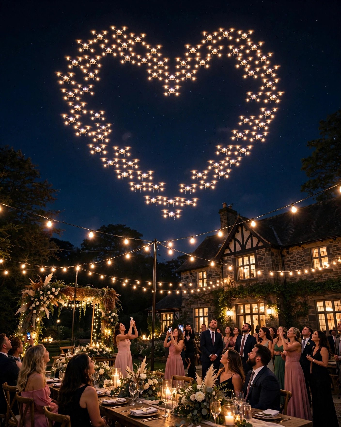 Drone light show forming hearts and initials above a wedding venue at night