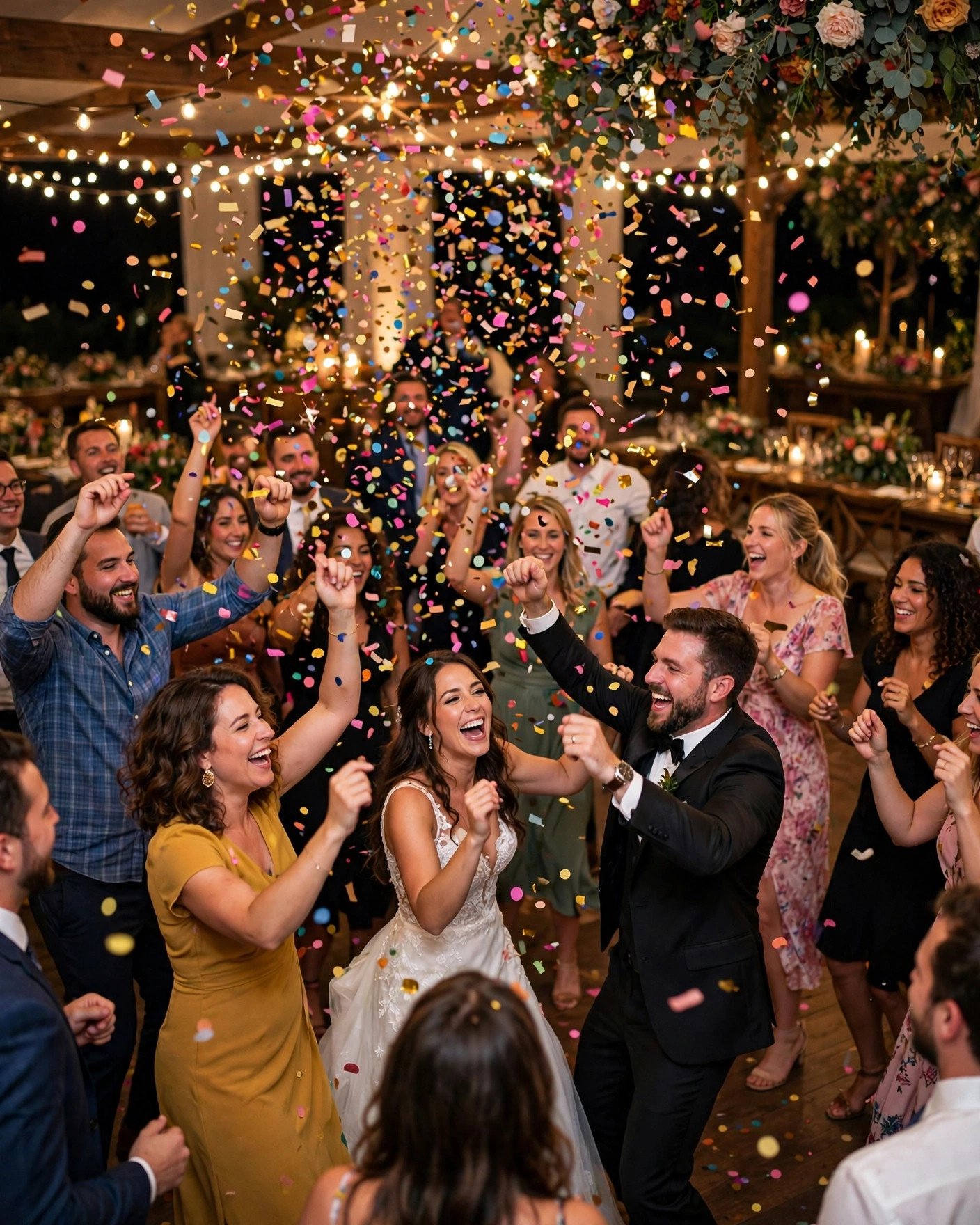 Confetti raining down on the dance floor during a wedding celebration