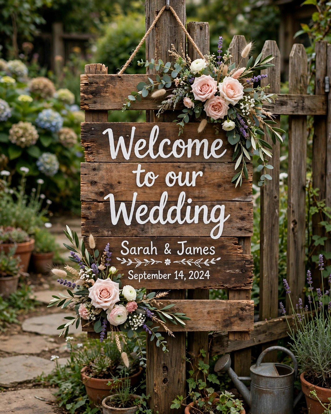 Hand-painted pallet wood wedding welcome sign with flowers at a backyard entrance