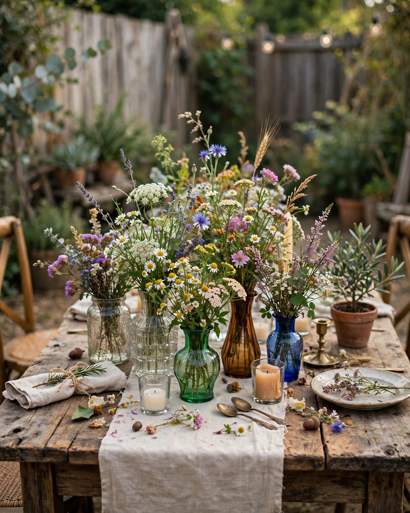 Mismatched thrifted vases with wildflowers as backyard wedding centerpieces