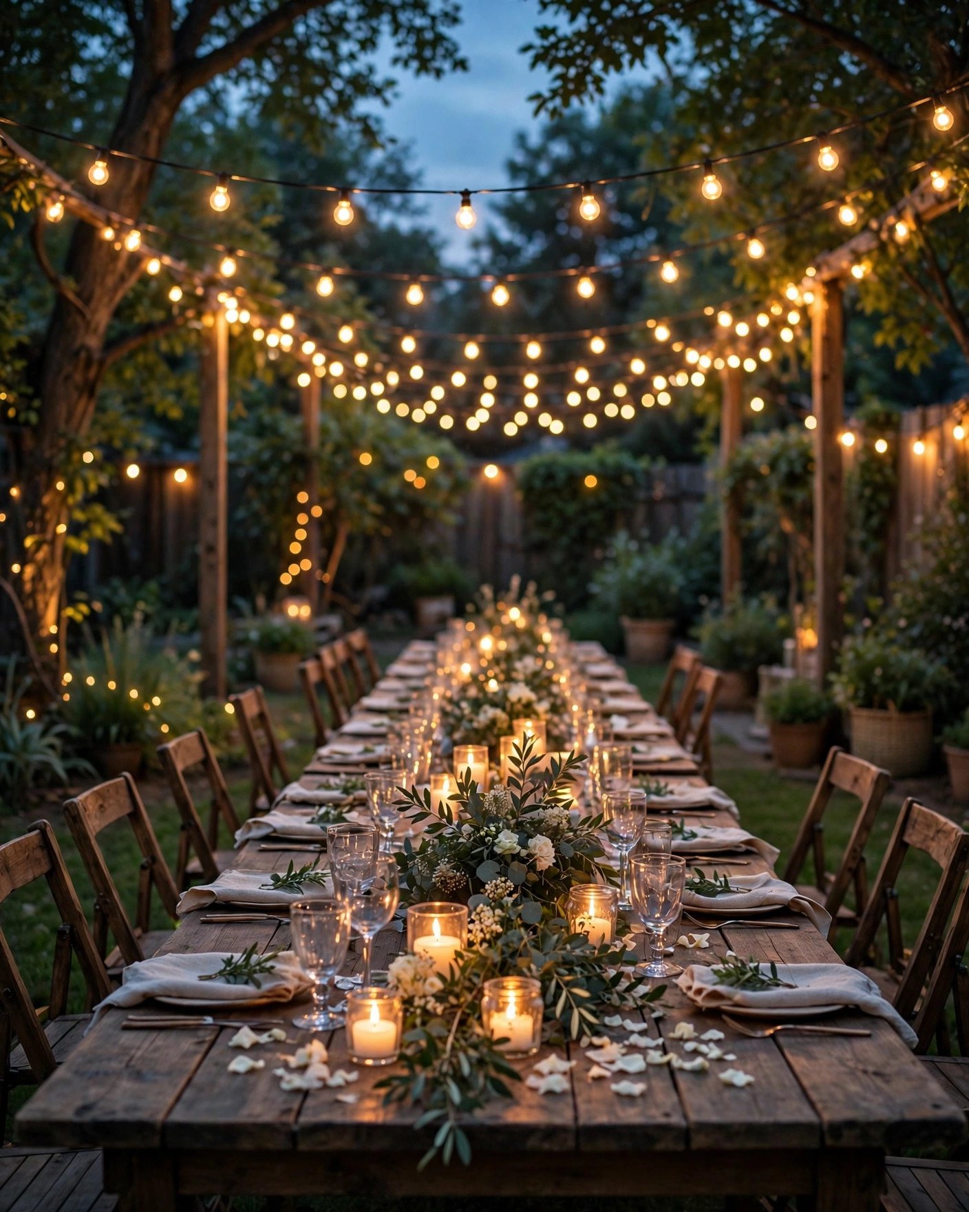Backyard wedding reception glowing with string lights overhead at dusk