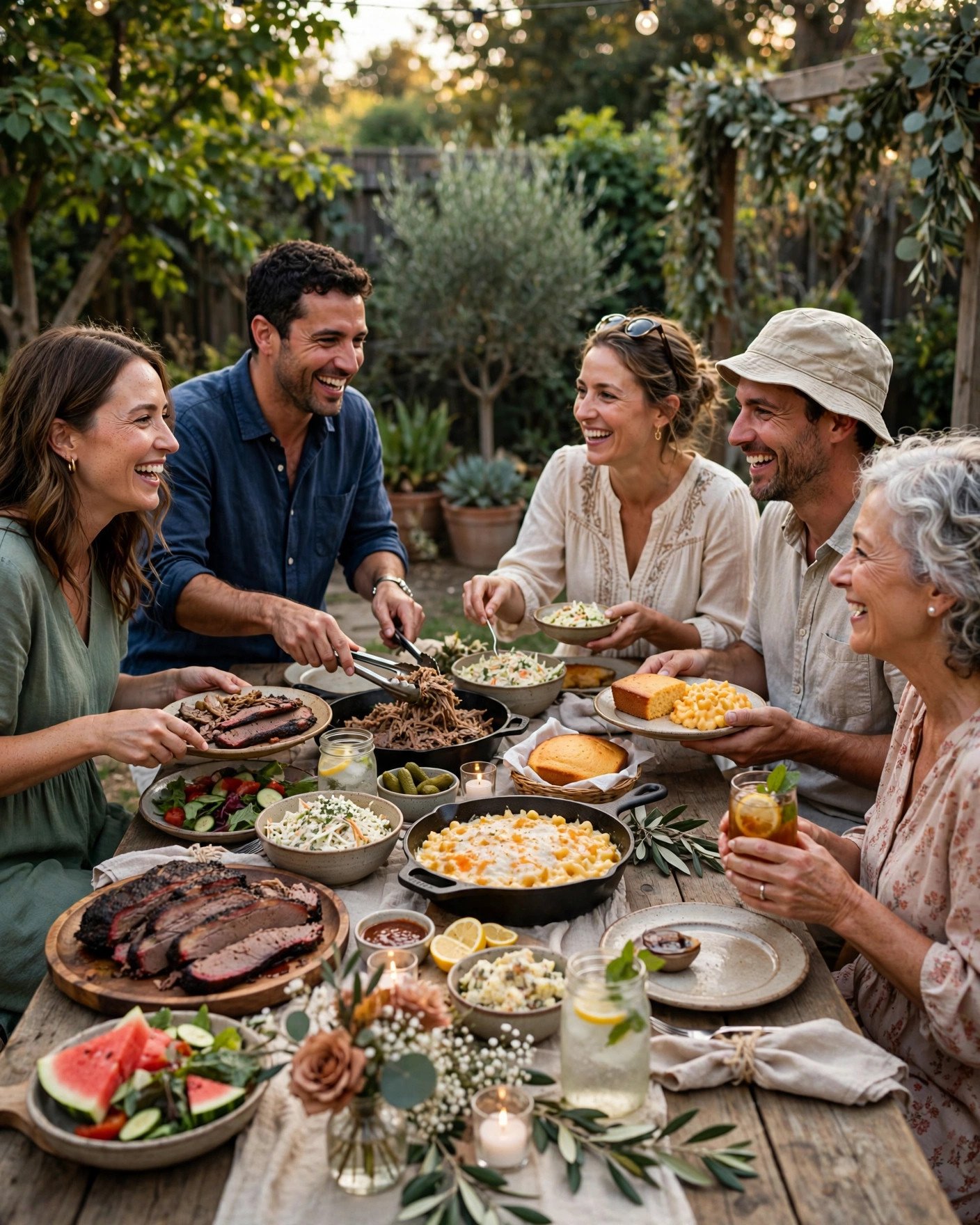Family-style barbecue platters served at a long backyard wedding table