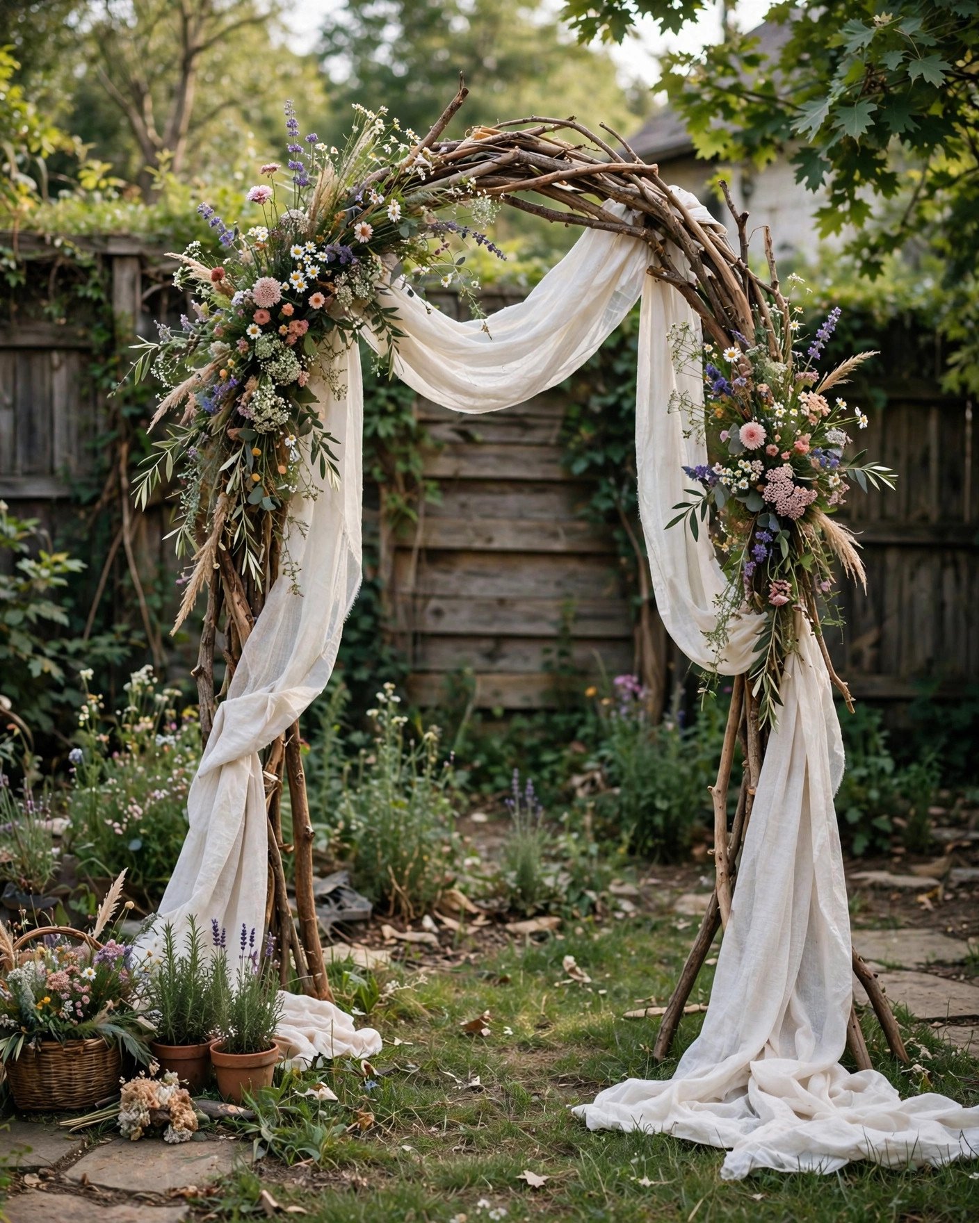 DIY ceremony arch made from branches and wildflowers in a backyard