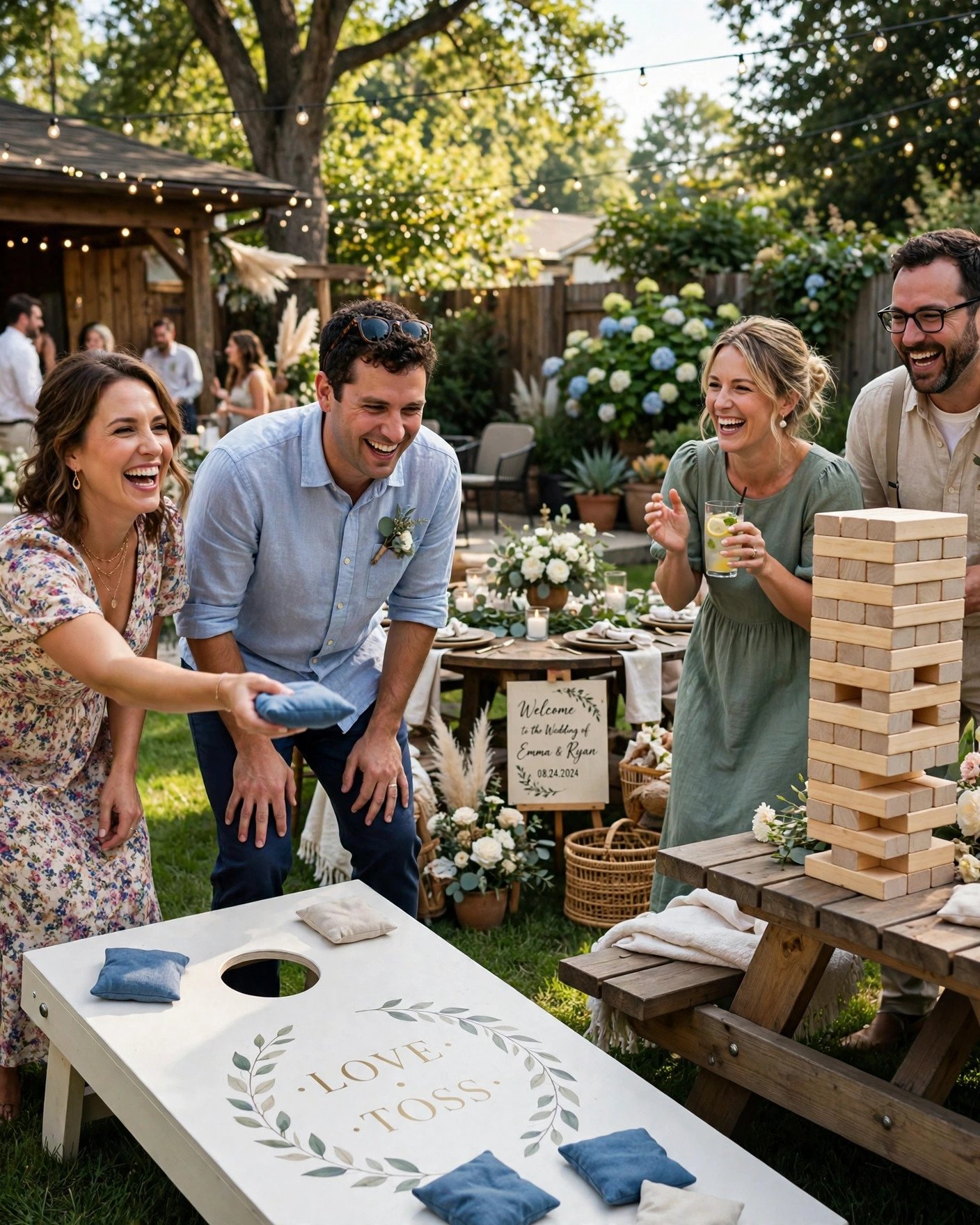 Wedding guests playing lawn games like cornhole at a backyard reception
