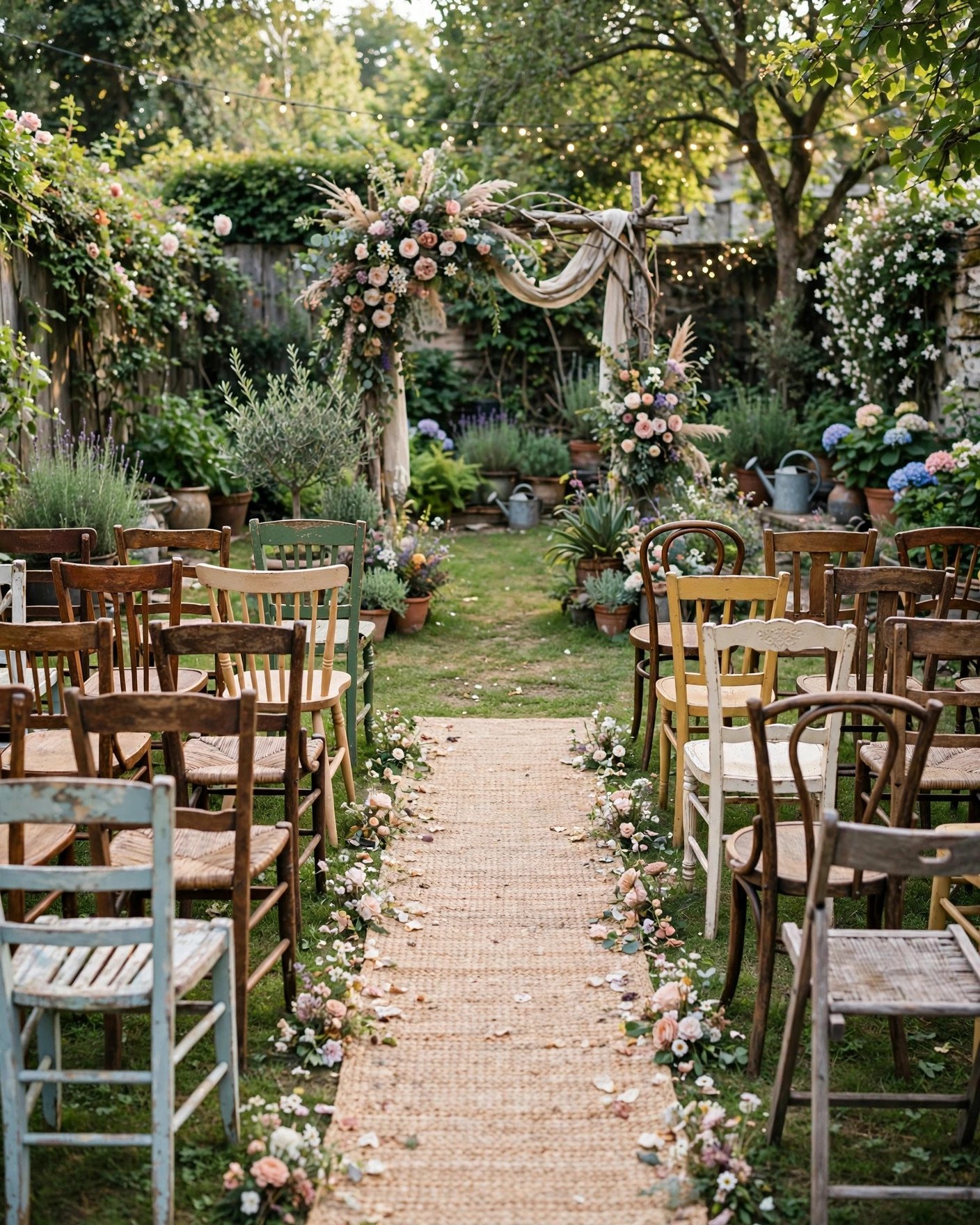 Mismatched vintage chairs arranged for a backyard wedding ceremony