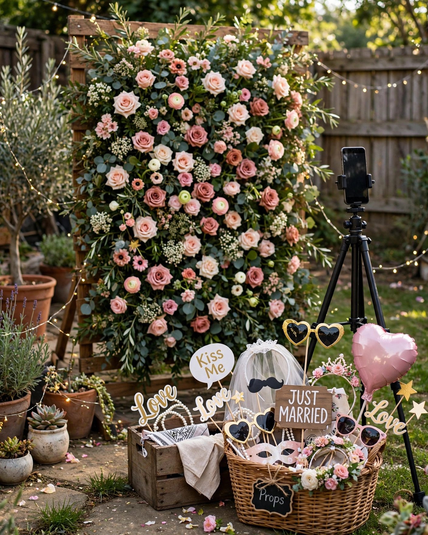 DIY photo corner with flower backdrop and props at a backyard wedding