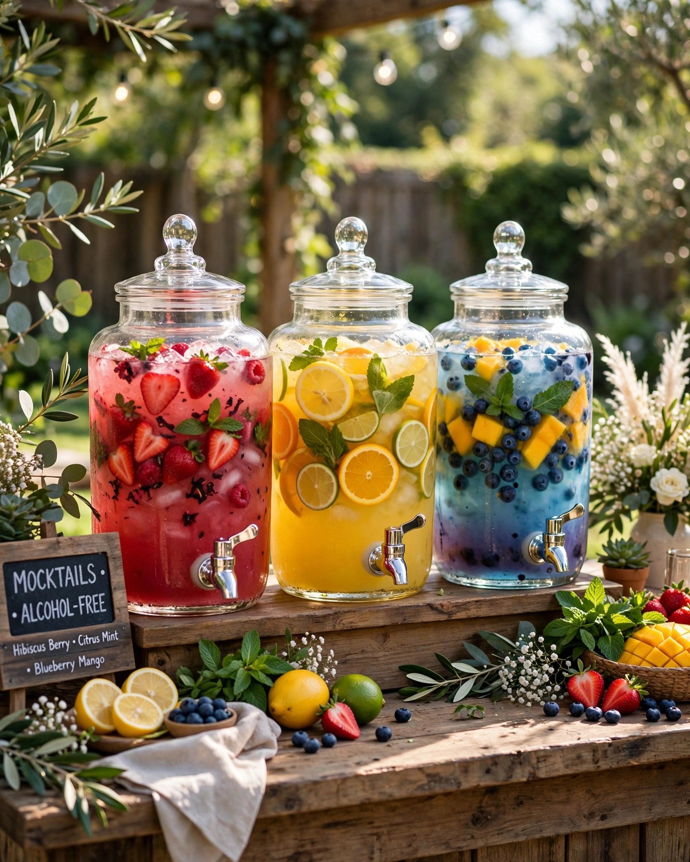 Batch mocktail dispensers with fruit at a backyard wedding bar