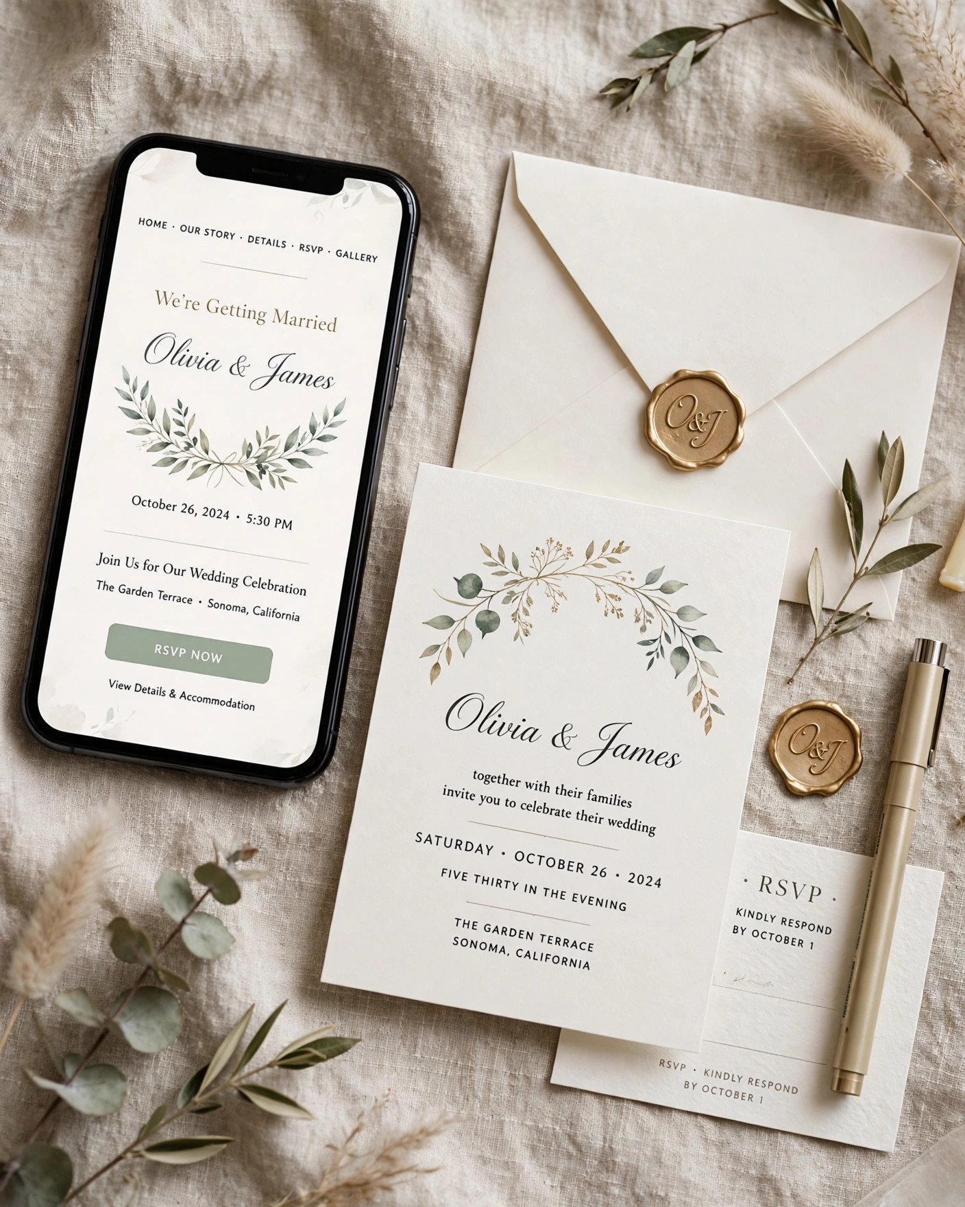 Digital wedding invitation on a phone with a free wedding website