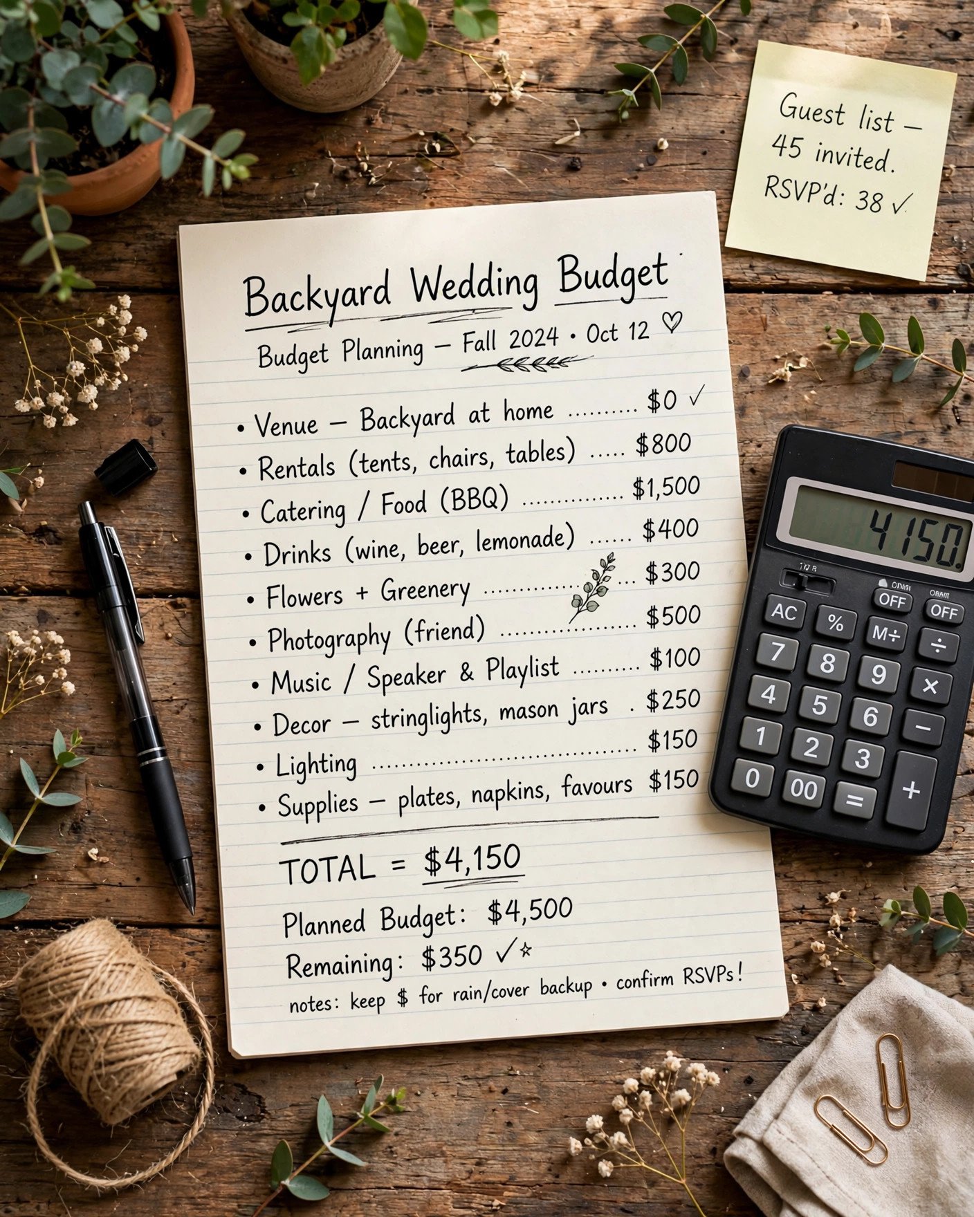 Backyard wedding budget breakdown with sample costs on a notepad