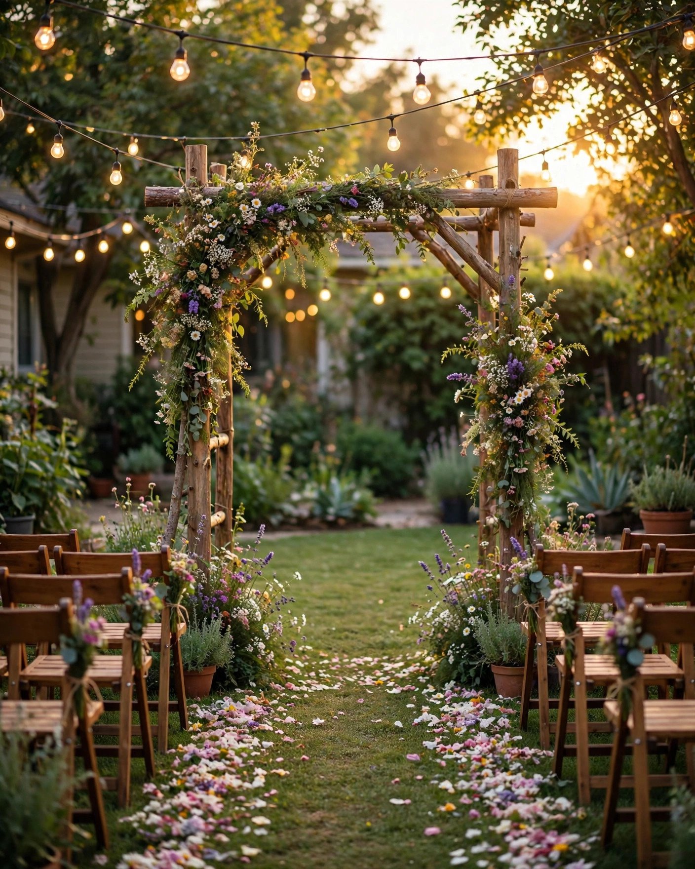 Beautiful budget backyard wedding ceremony with DIY arch and string lights
