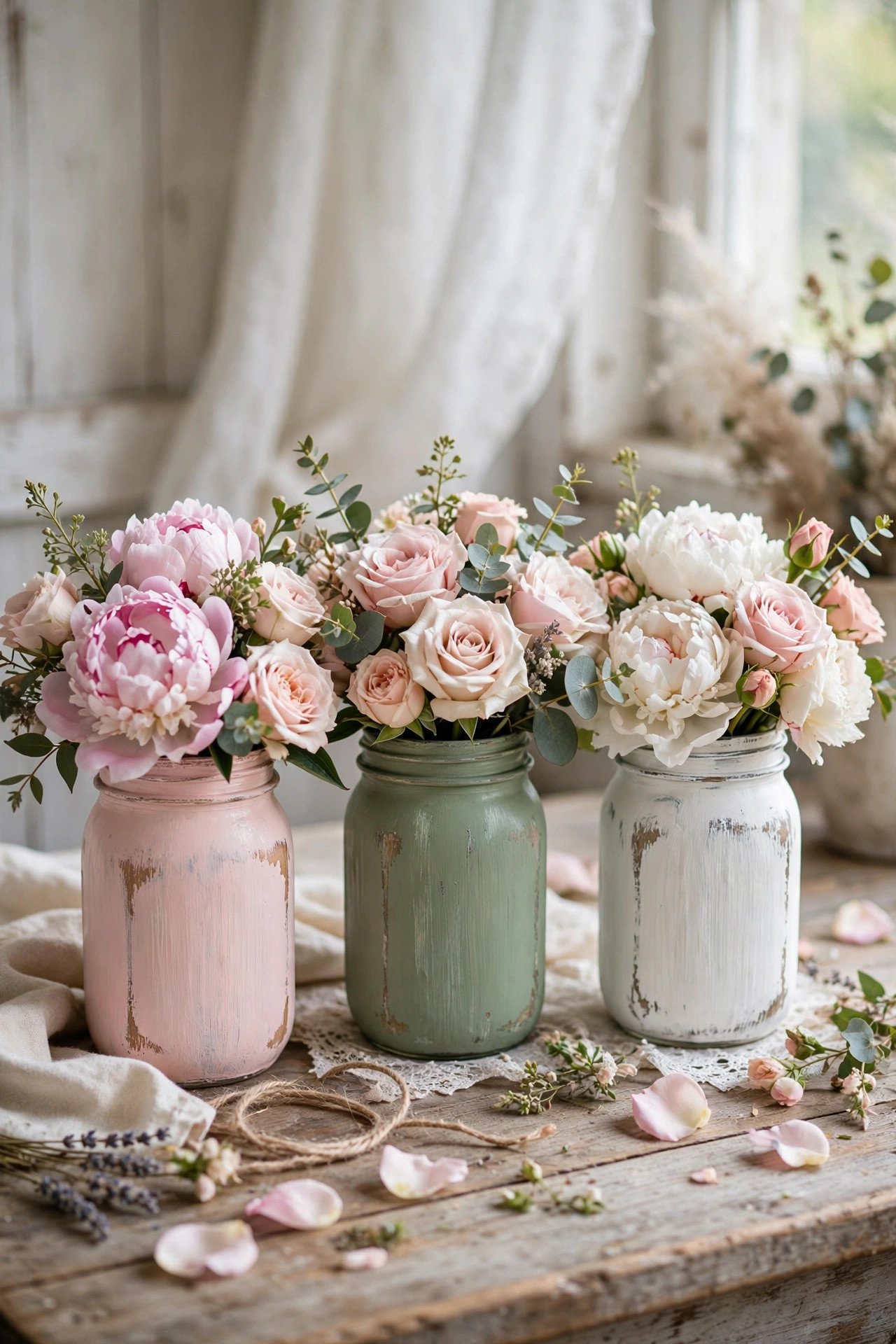 Mason jars painted in blush pink and white chalk paint as wedding centerpieces