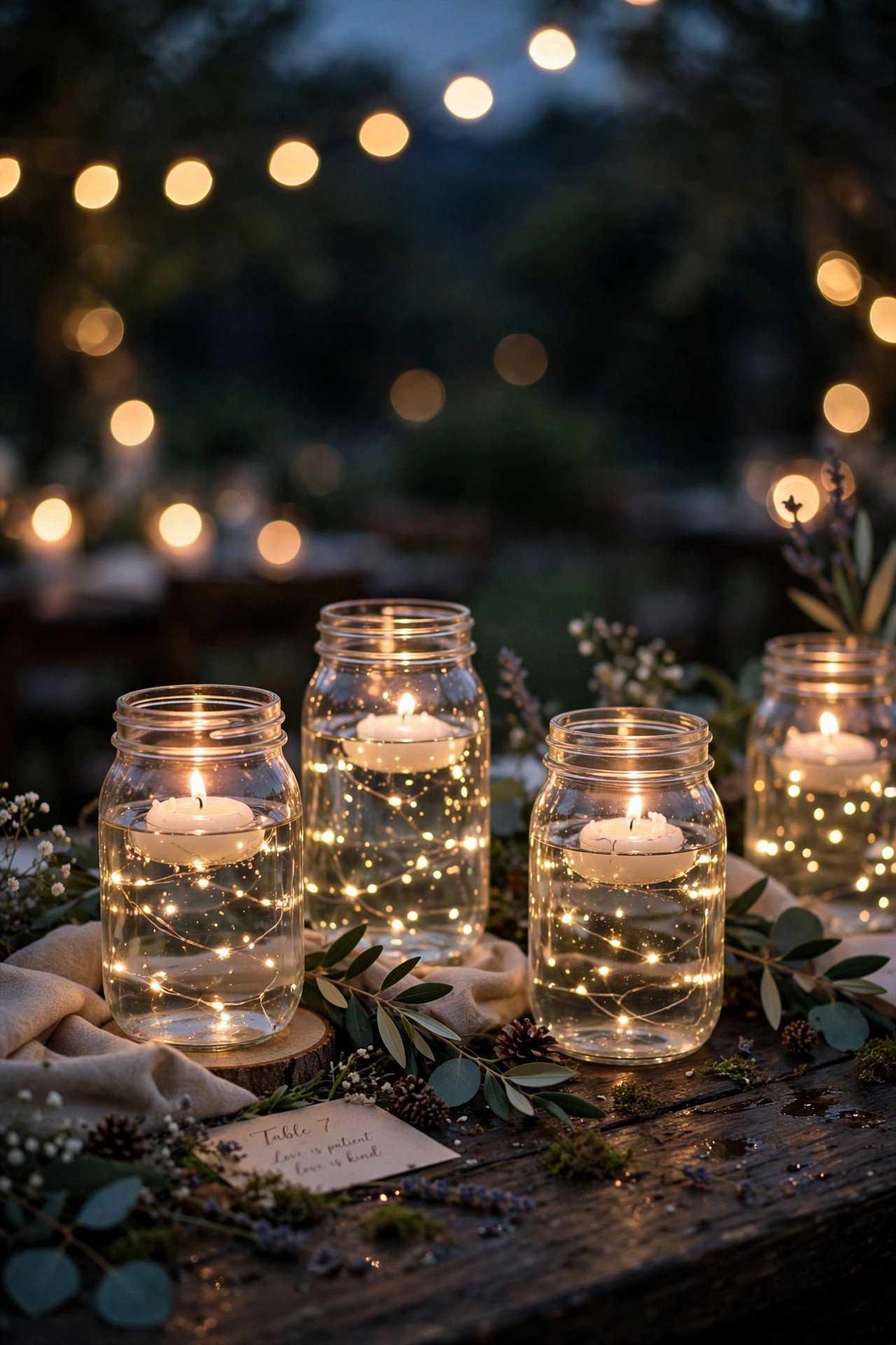 Mason jars filled with twinkling fairy lights and floating candles at a wedding reception