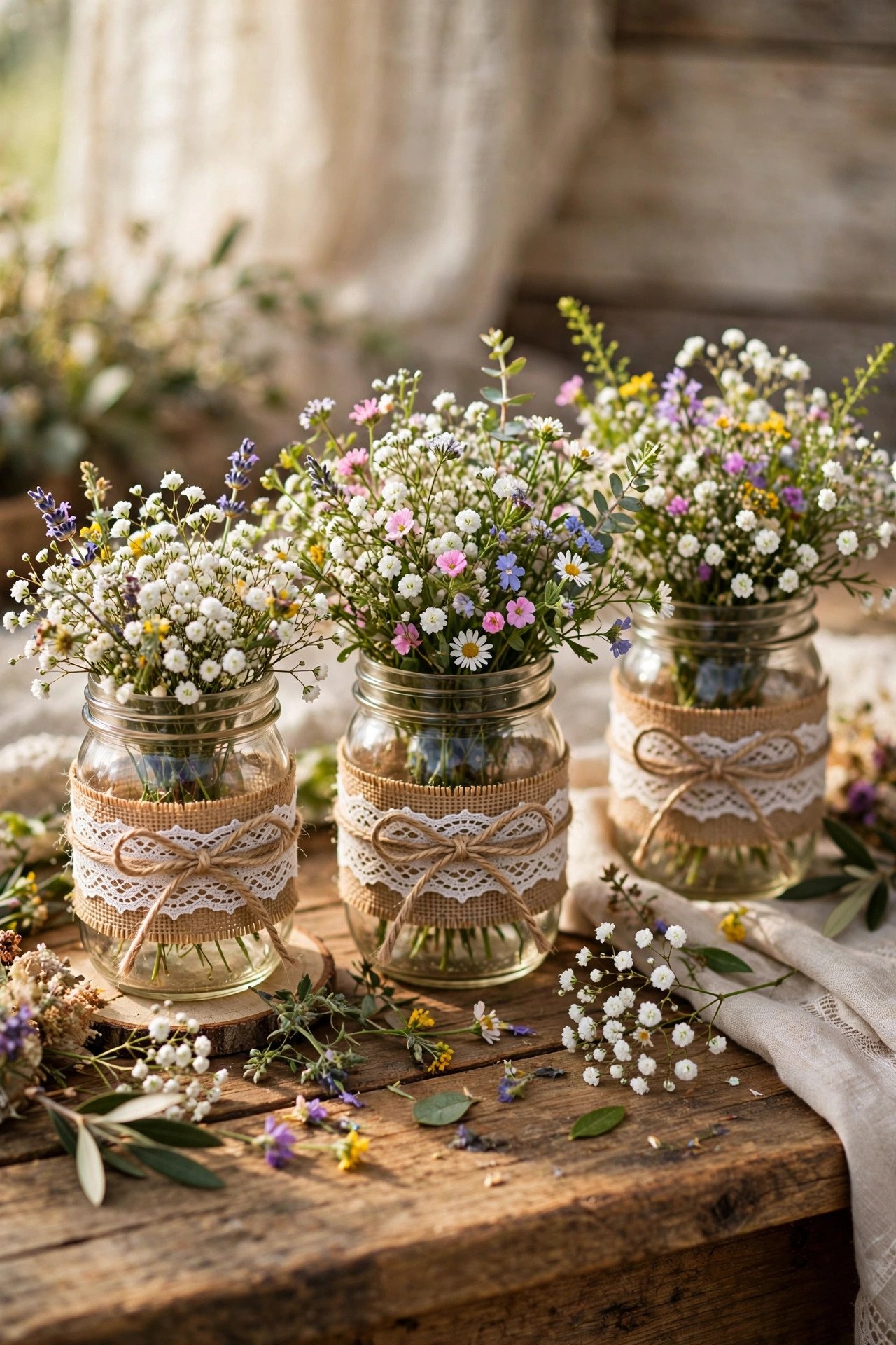 Rustic mason jars wrapped in burlap lace and twine as wedding table centerpieces